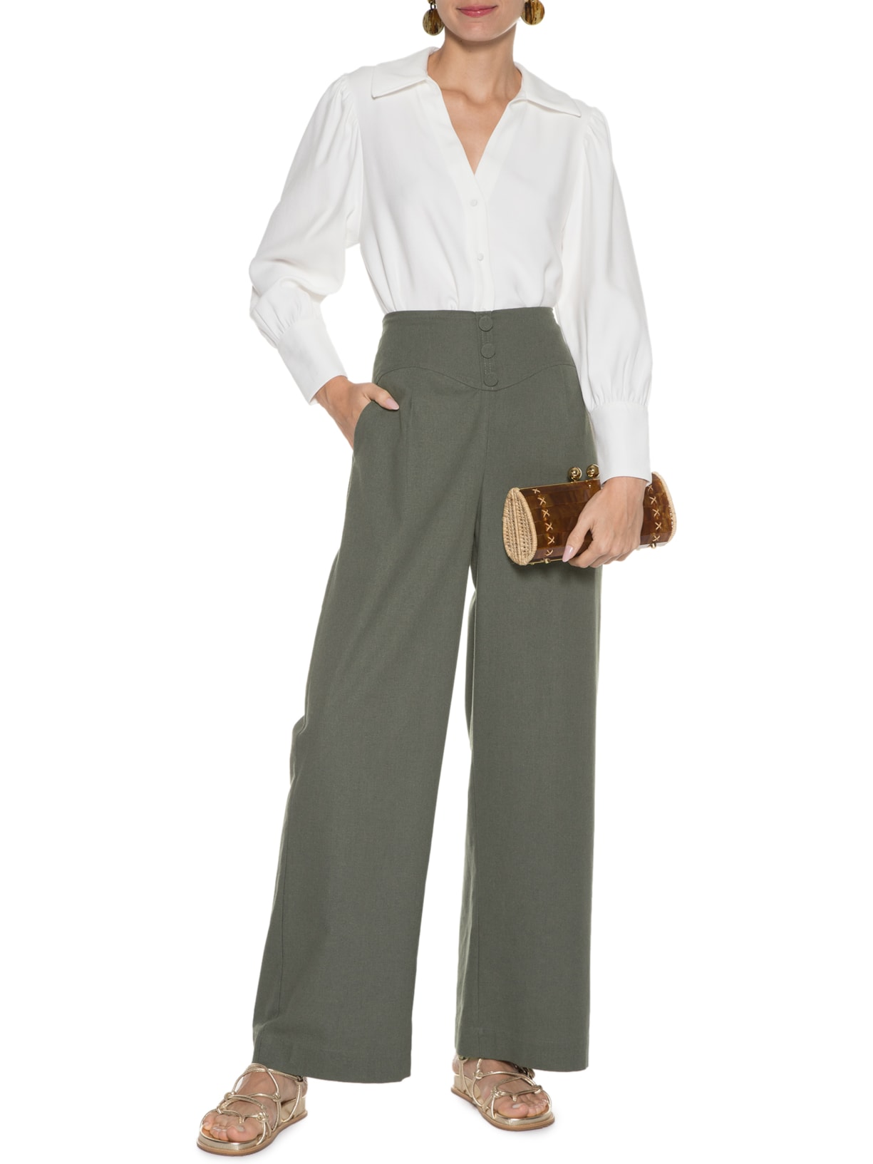 Calça Feminina Pantalona Botões Verde '2Essential