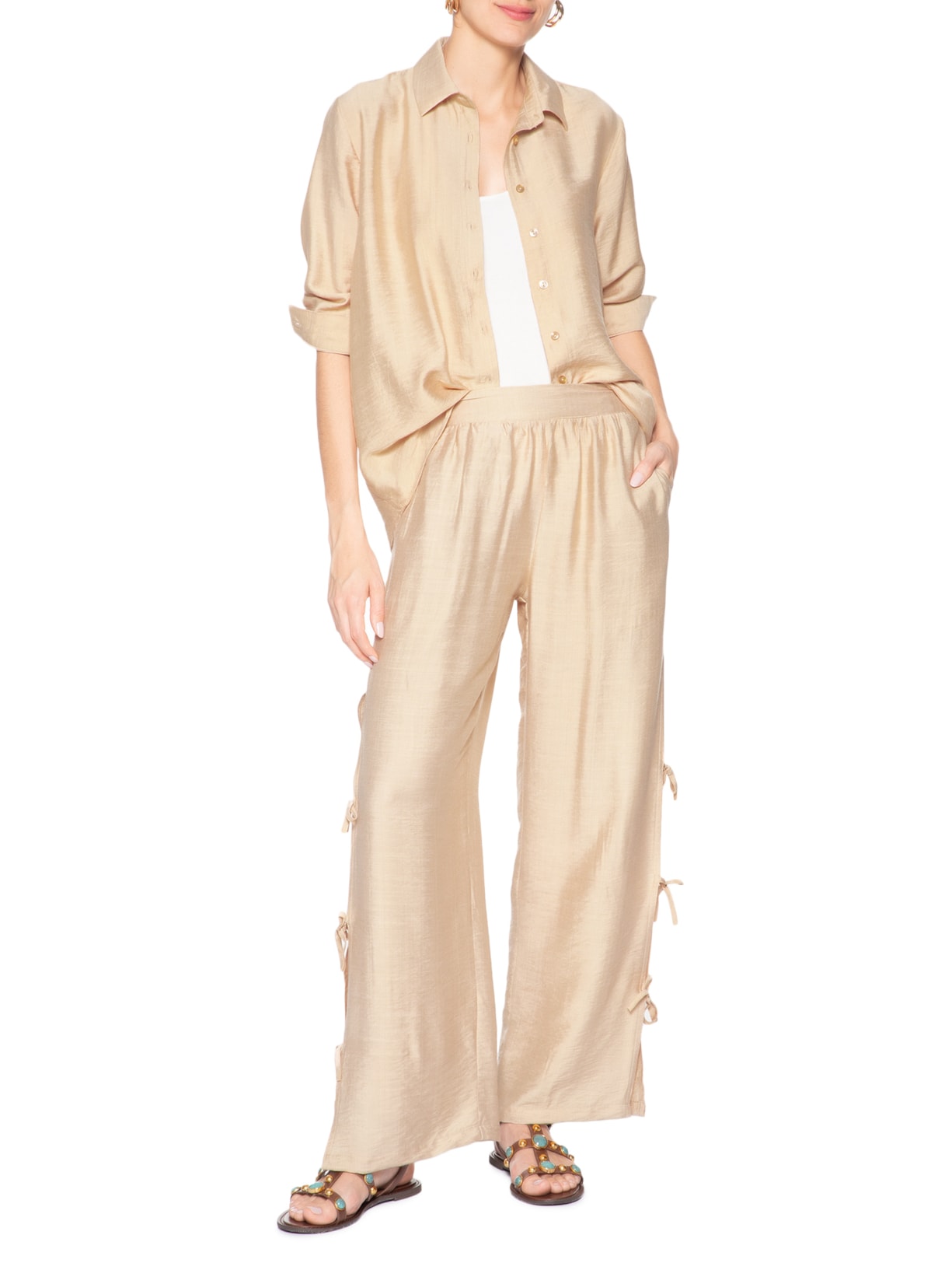 Calça Feminina Pantalona Com Amarração Lateral Bege Market 33