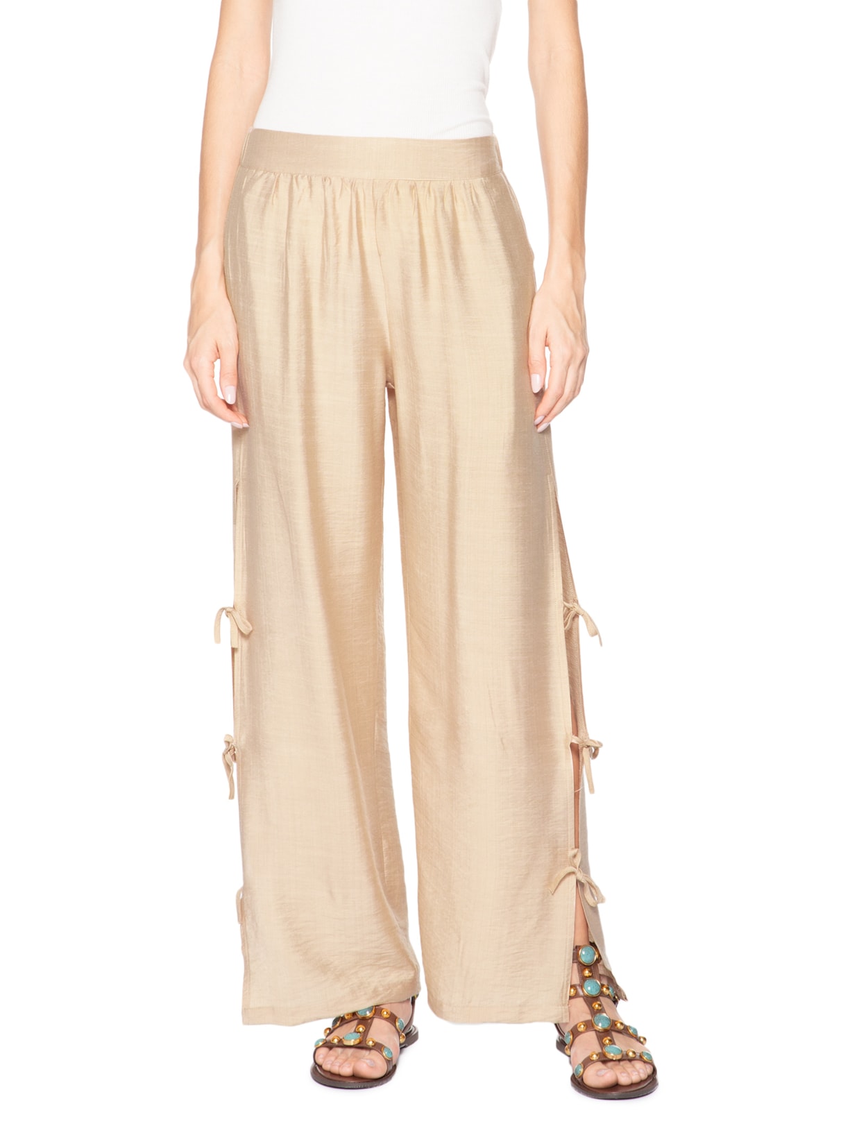 Calça Feminina Pantalona Com Amarração Lateral Bege Market 33