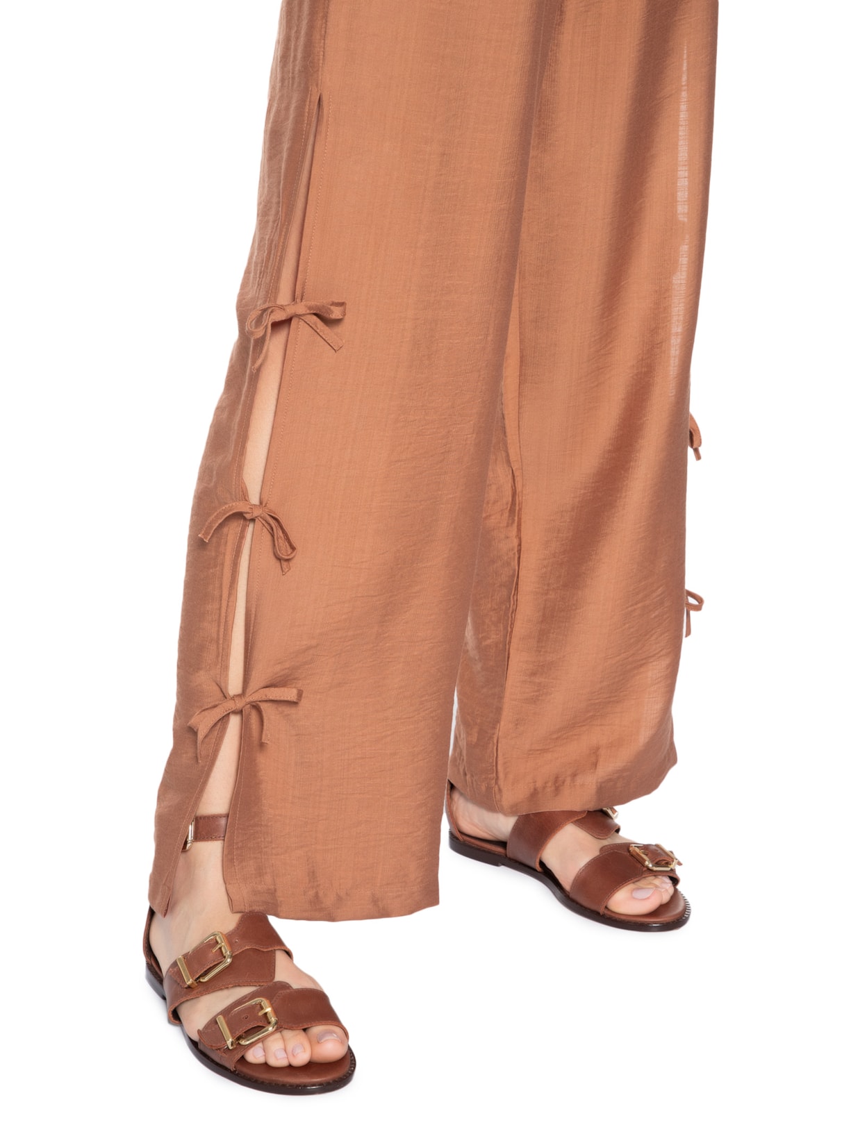 Calça Feminina Pantalona Com Amarração Lateral Marrom Market 33