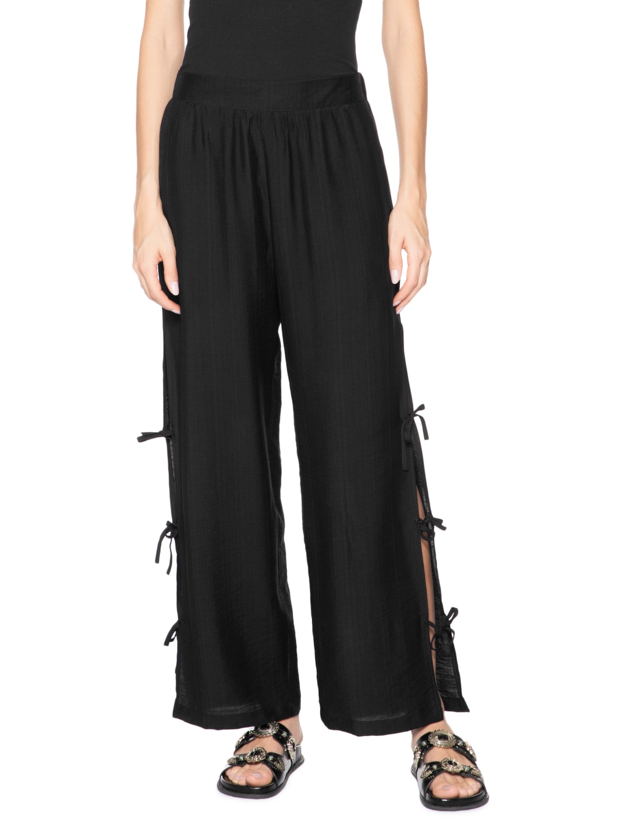 Calça Feminina Pantalona Com Amarração Lateral Preto Market 33