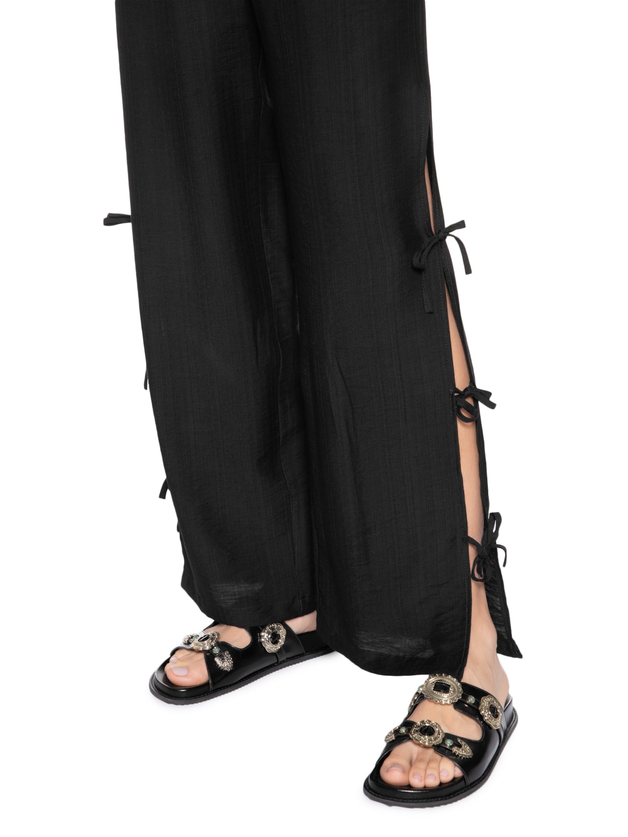 Calça Feminina Pantalona Com Amarração Lateral Preto Market 33