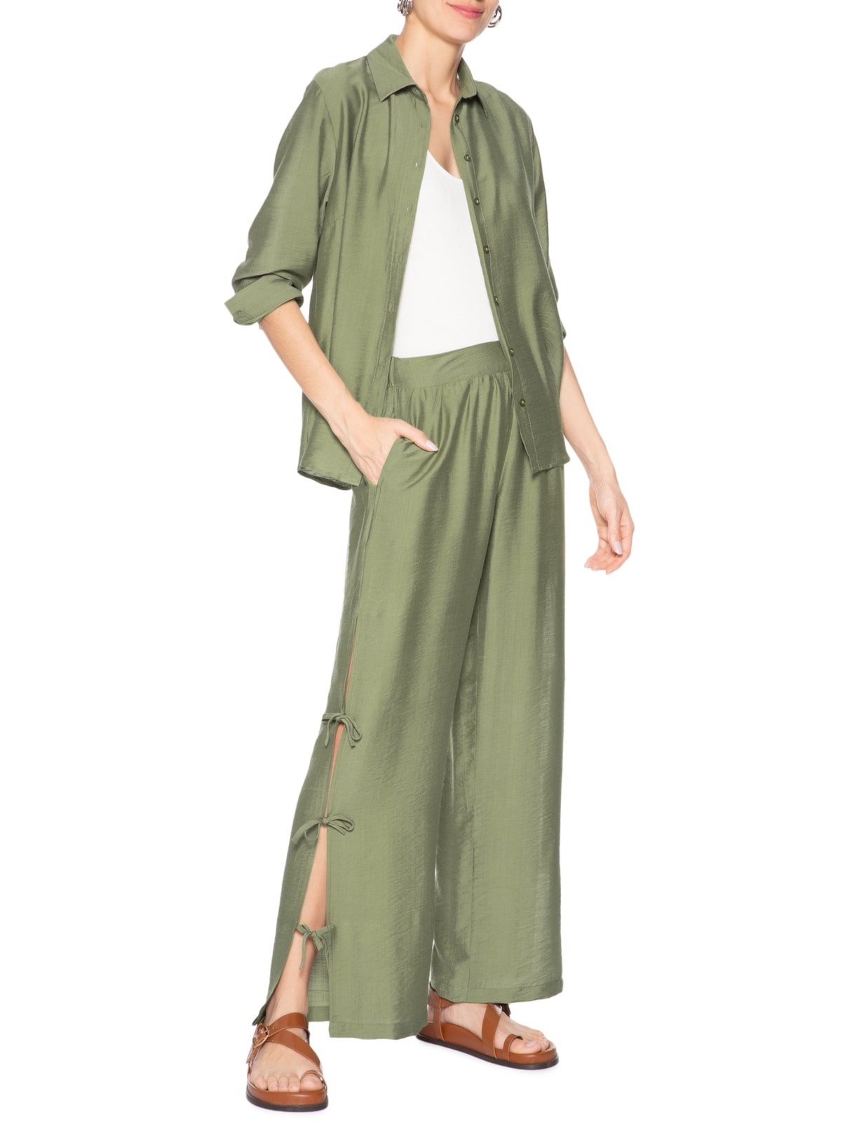 Calça Feminina Pantalona Com Amarração Lateral Verde Market 33