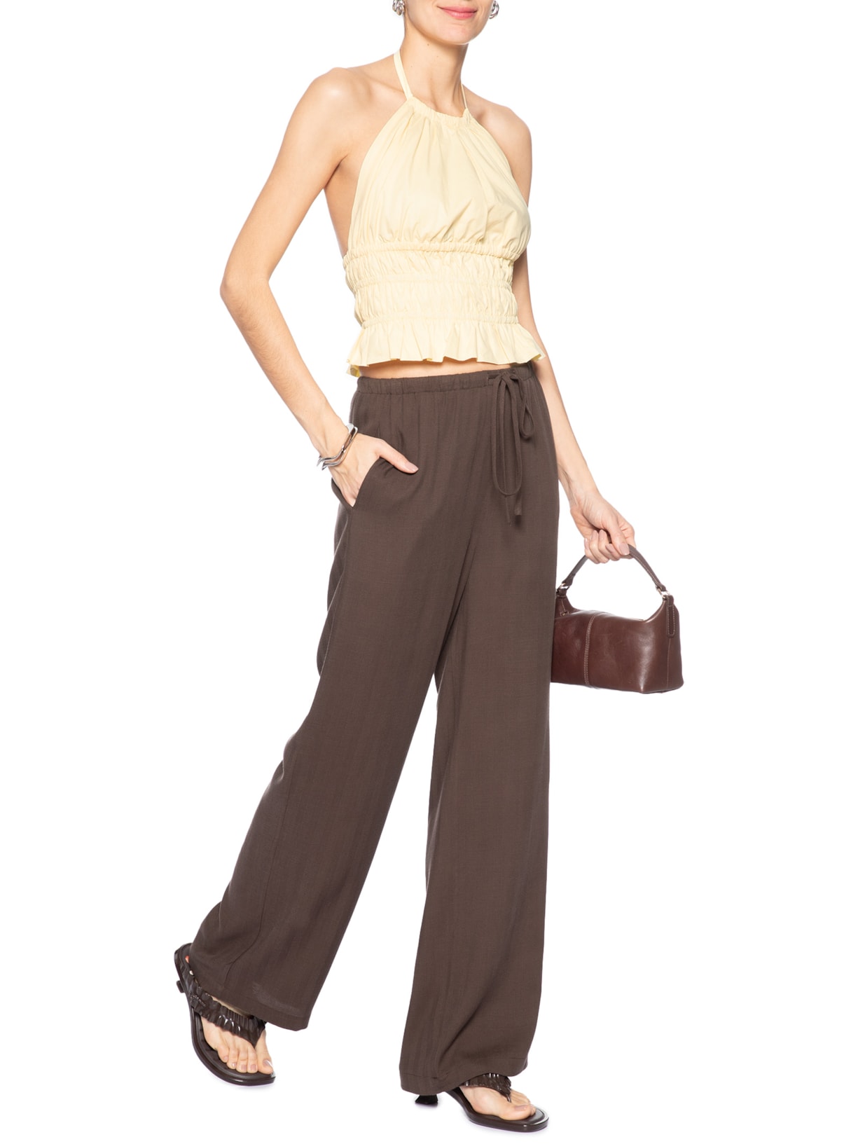 Calça Feminina Pantalona Com Amarração Marrom Market 33