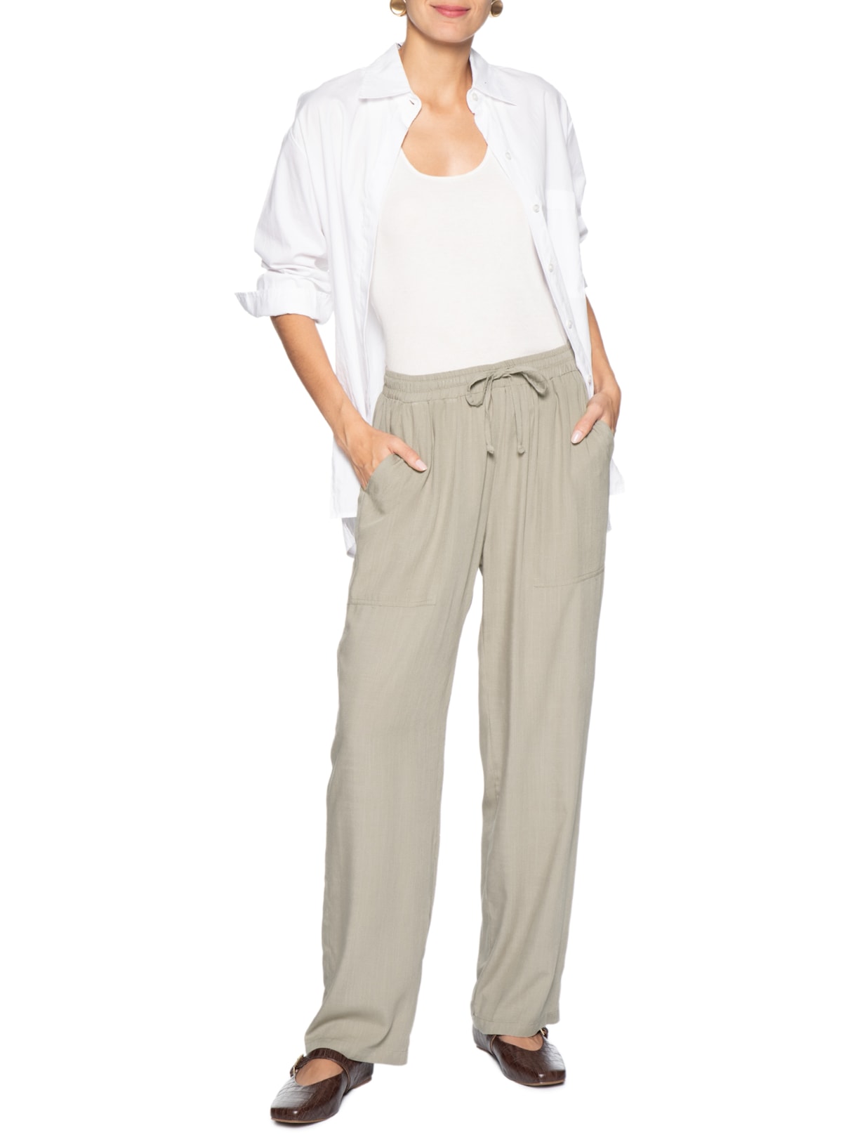 Calça Feminina Pantalona Com Bolsos Bege Basiq