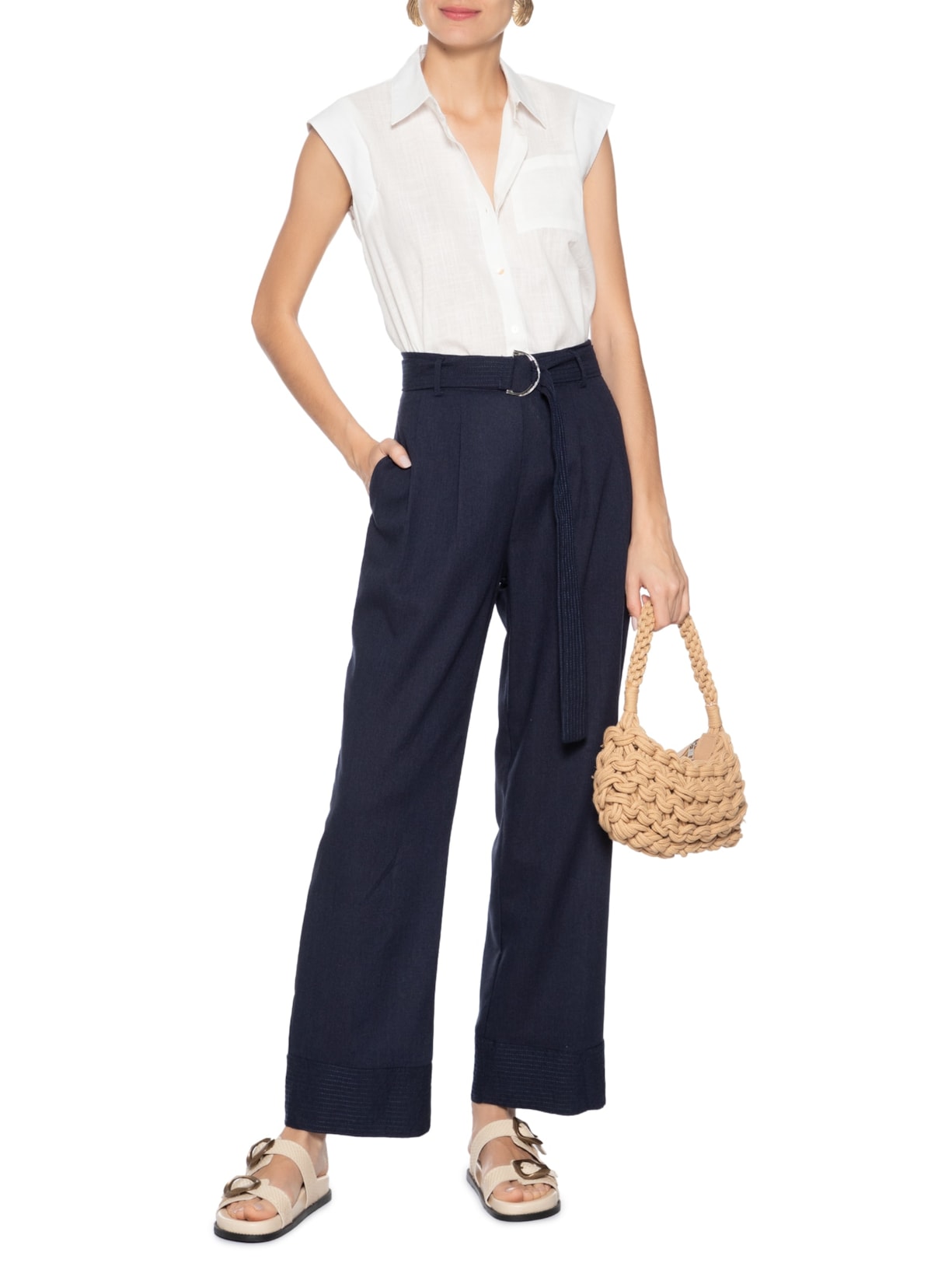 Calça Feminina Pantalona Com Cinto Azul Basiq