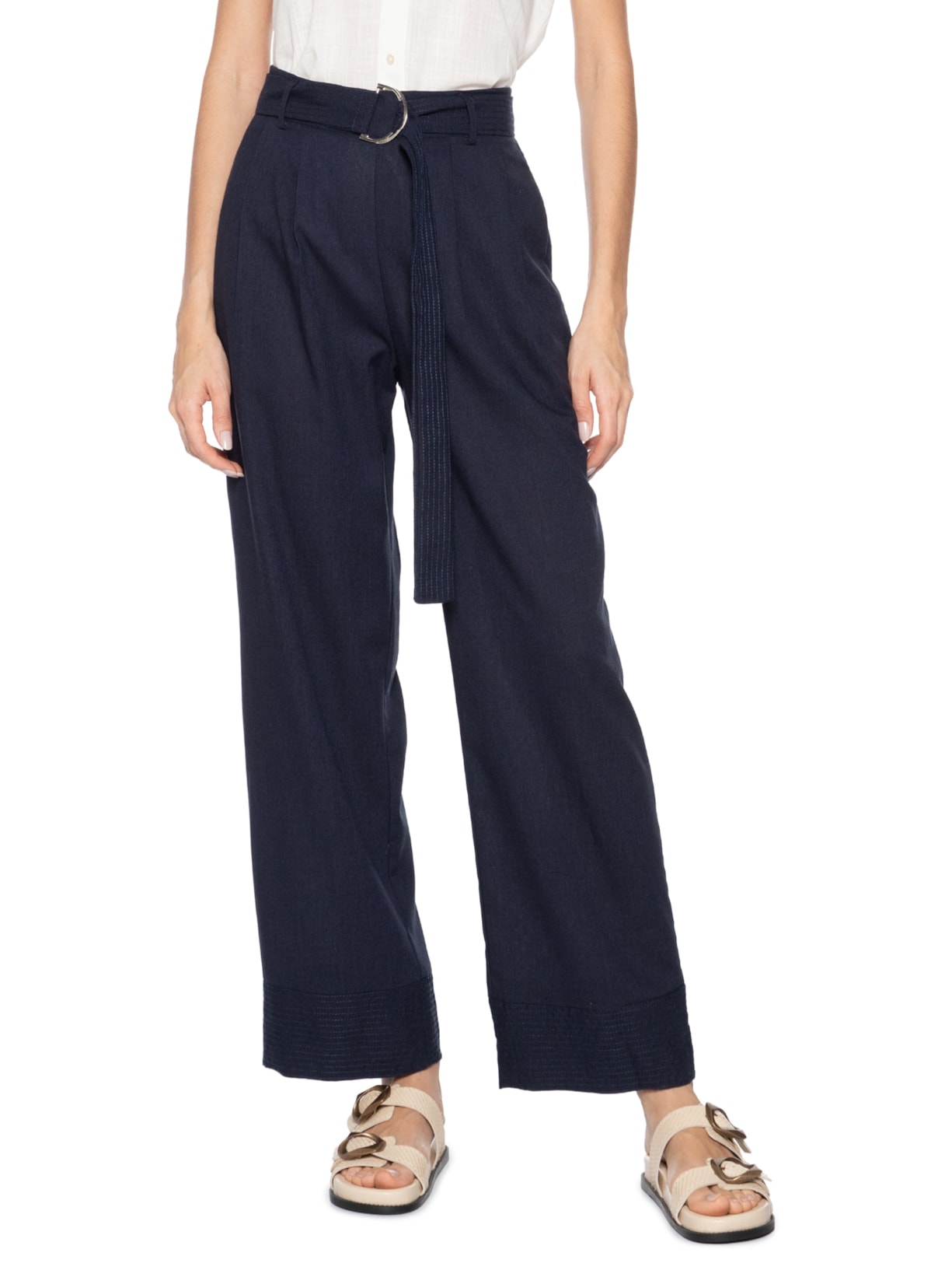 Calça Feminina Pantalona Com Cinto Azul Basiq