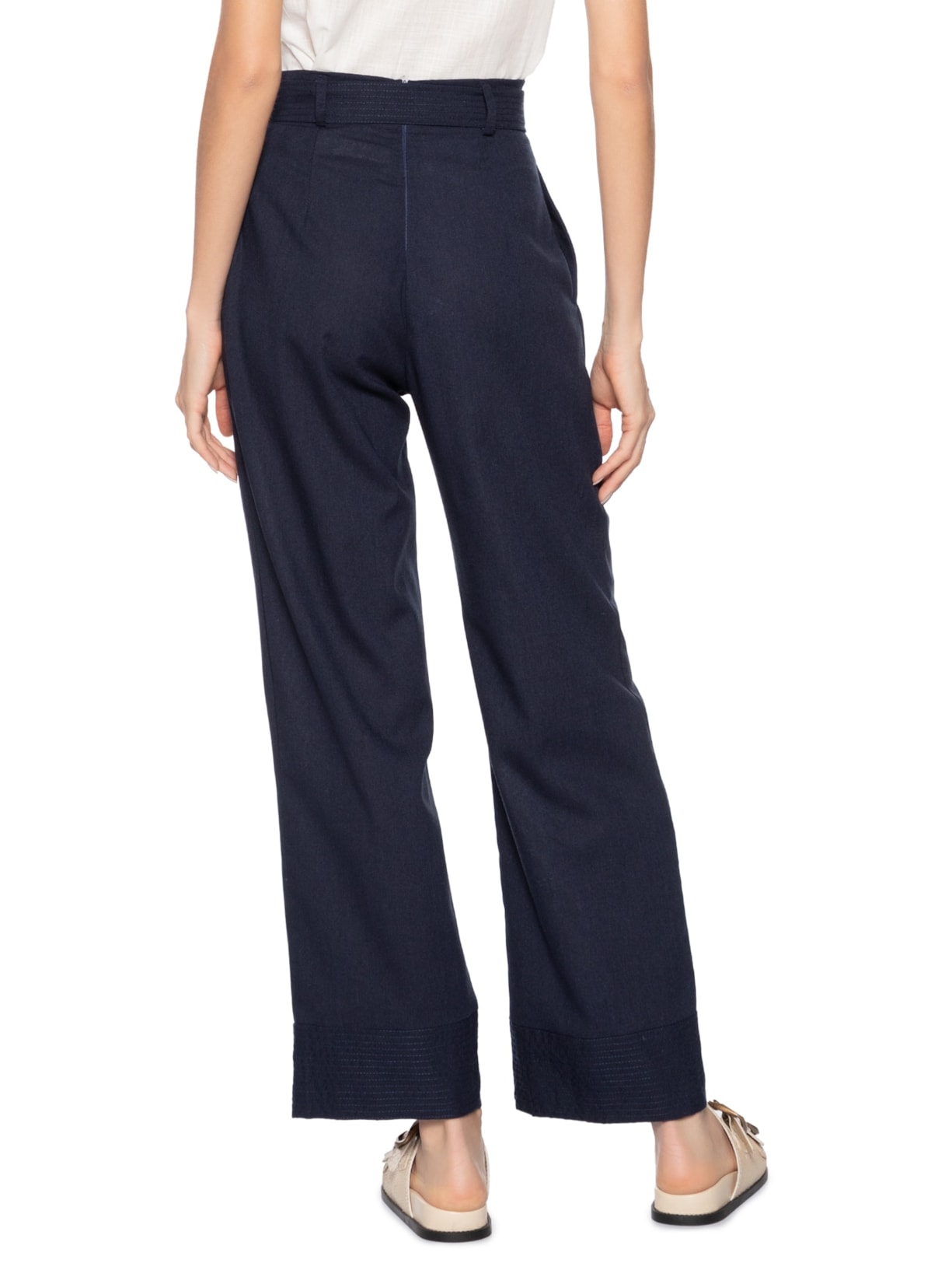 Calça Feminina Pantalona Com Cinto Azul Basiq