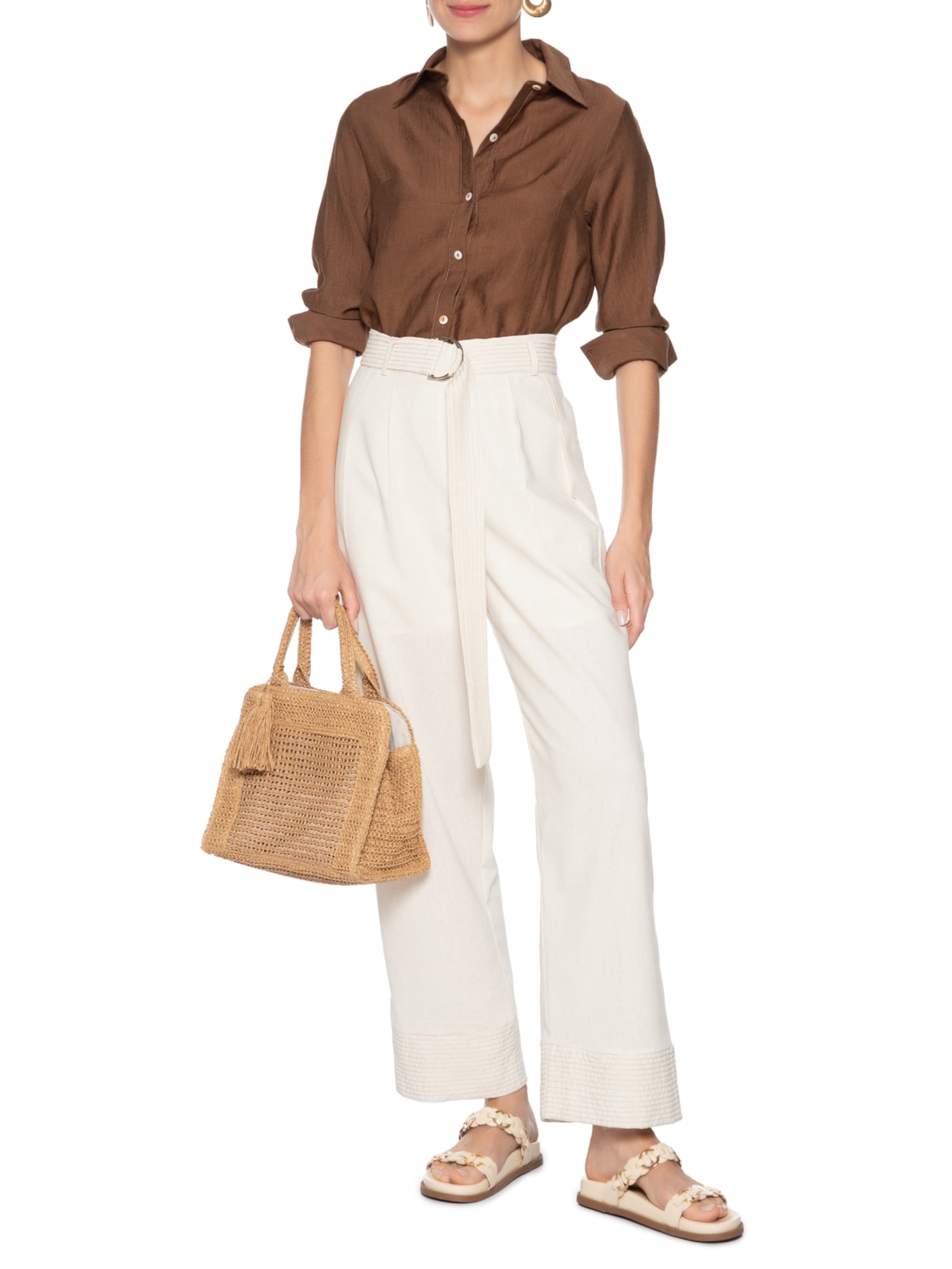 Calça Feminina Pantalona Com Cinto Bege Basiq