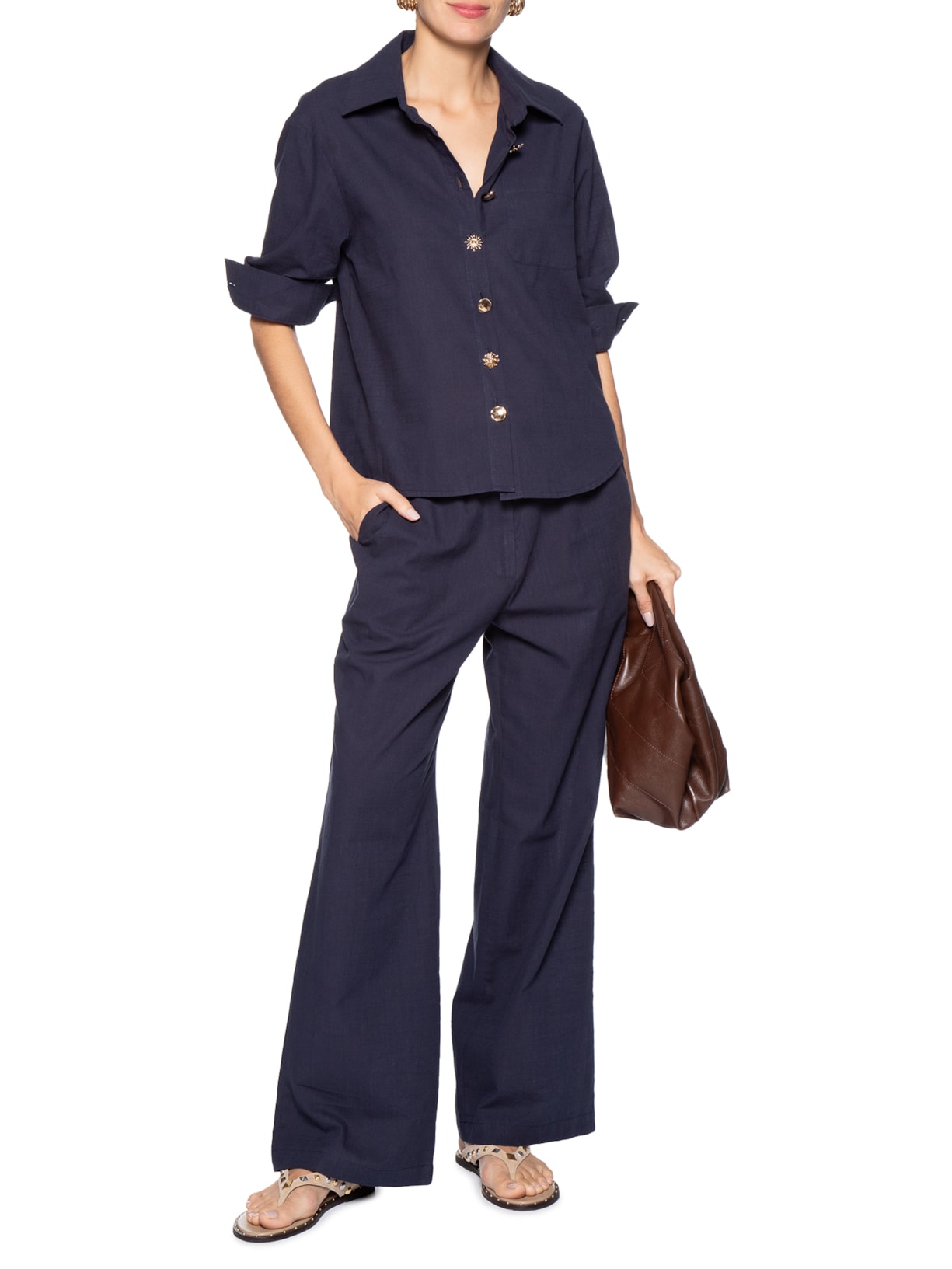 Calça Feminina Pantalona Com Cordão Azul Basiq