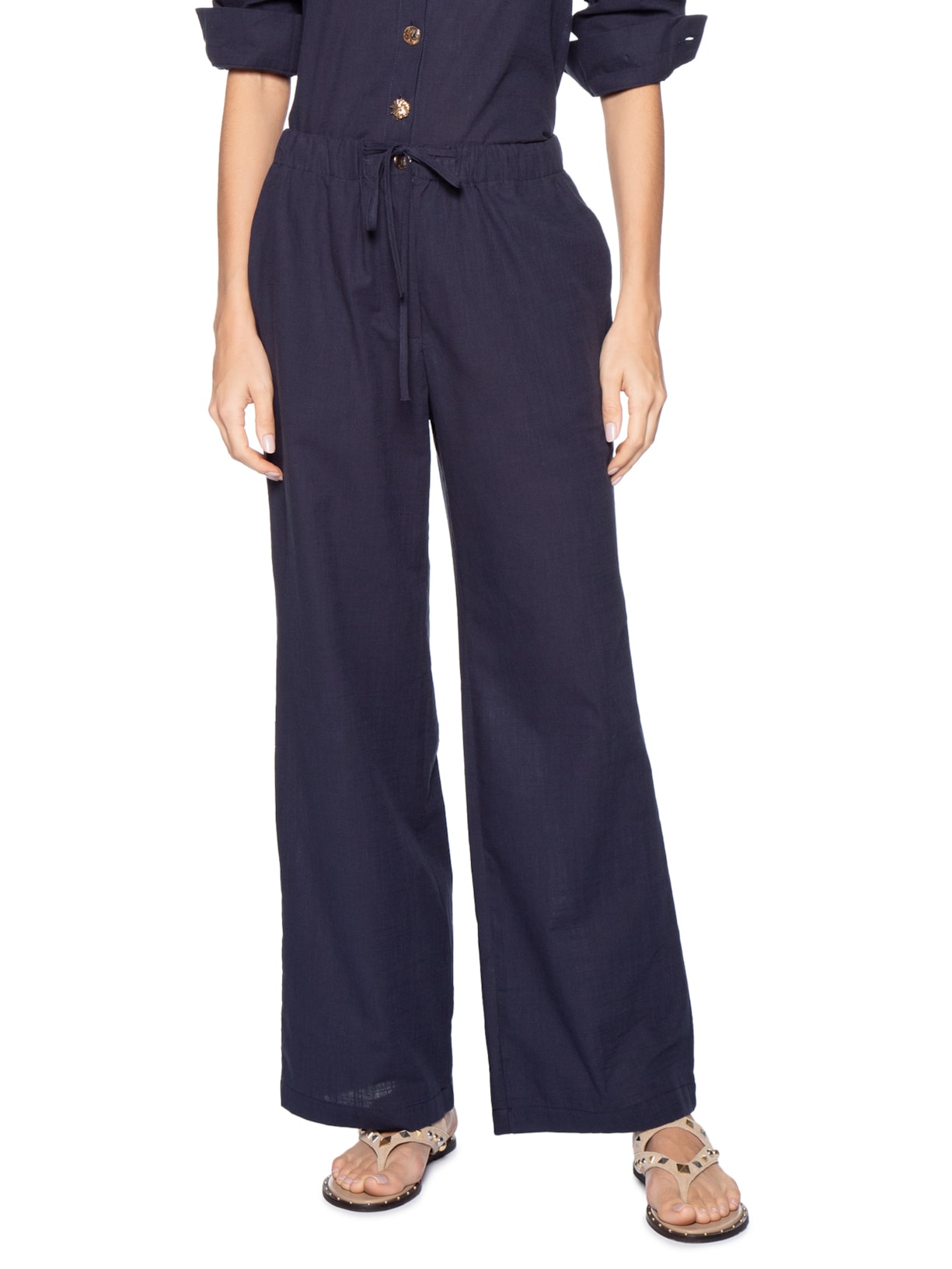 Calça Feminina Pantalona Com Cordão Azul Basiq