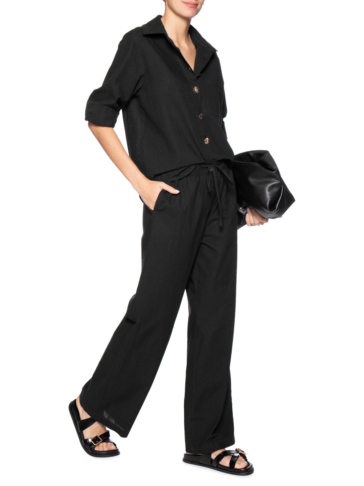 Calça Feminina Pantalona Com Cordão Preto Basiq