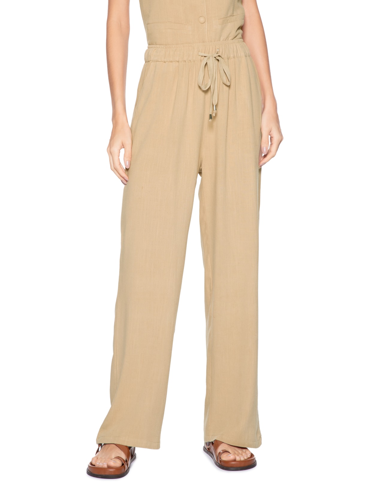 Calça Feminina Pantalona Com Linho Bege Basiq
