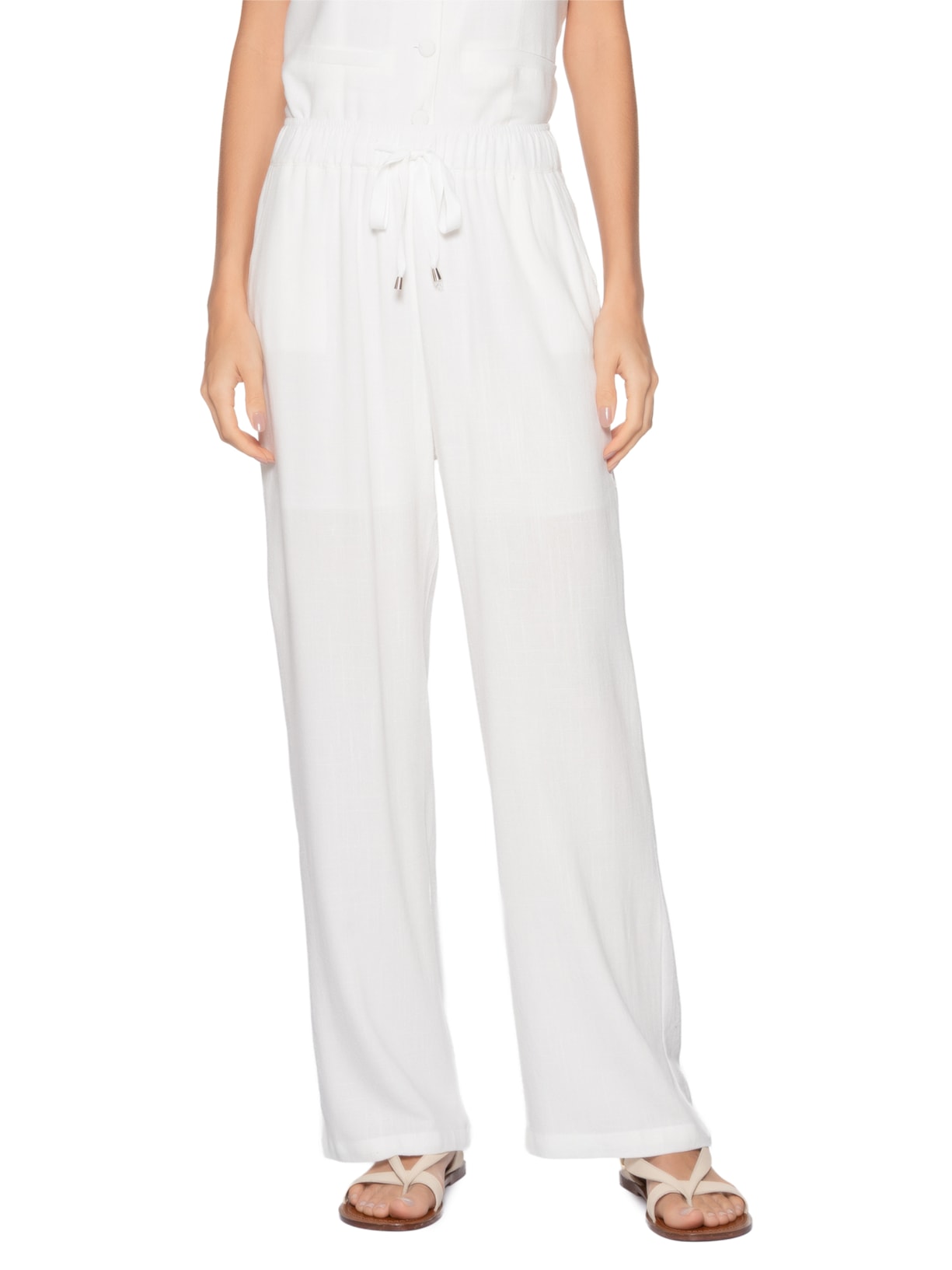 Calça Feminina Pantalona Com Linho Branco Basiq