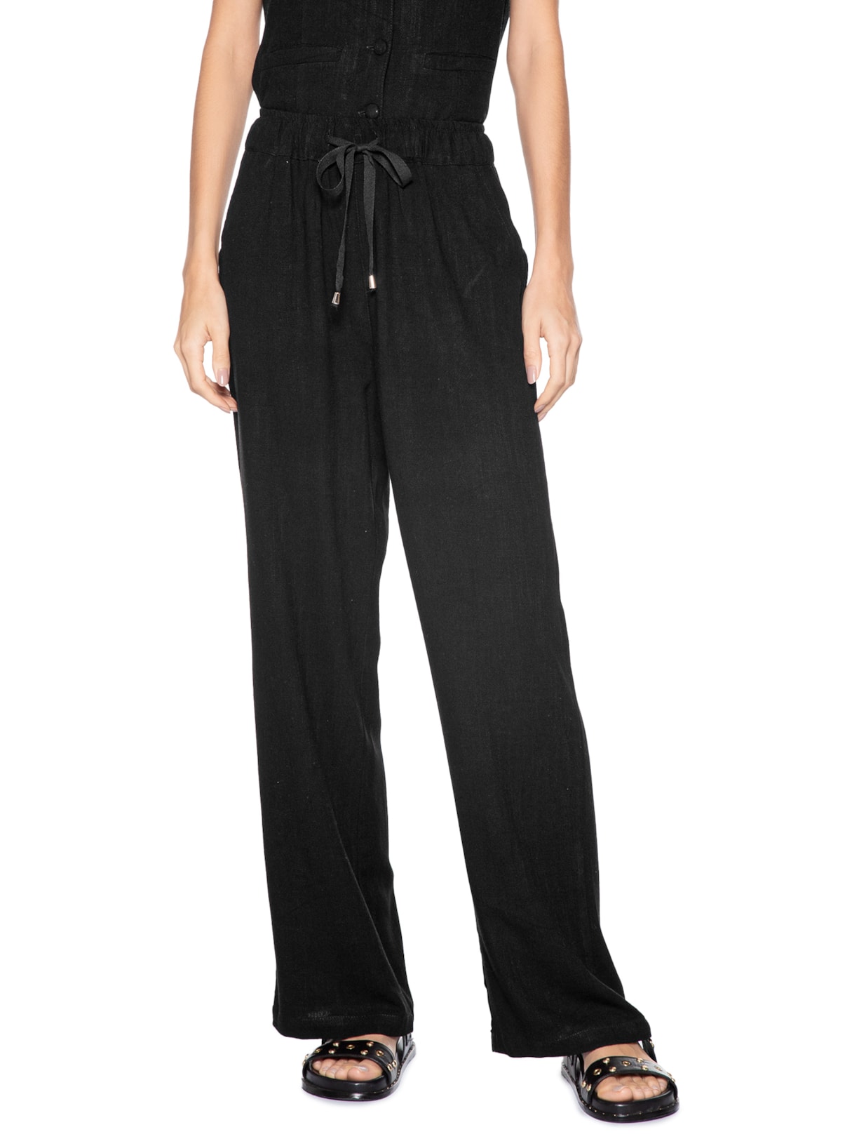 Calça Feminina Pantalona Com Linho Preto Basiq