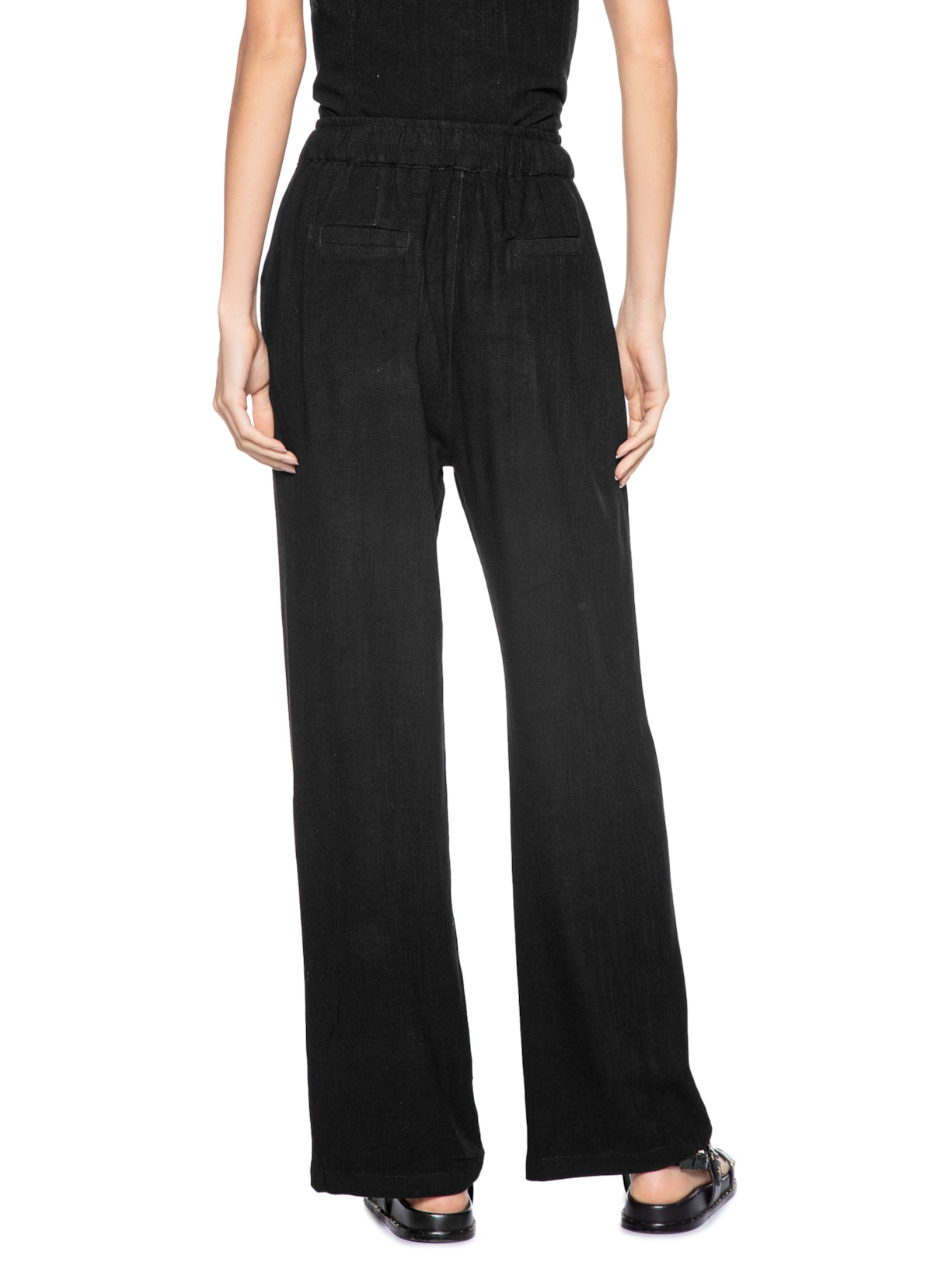 Calça Feminina Pantalona Com Linho Preto Basiq