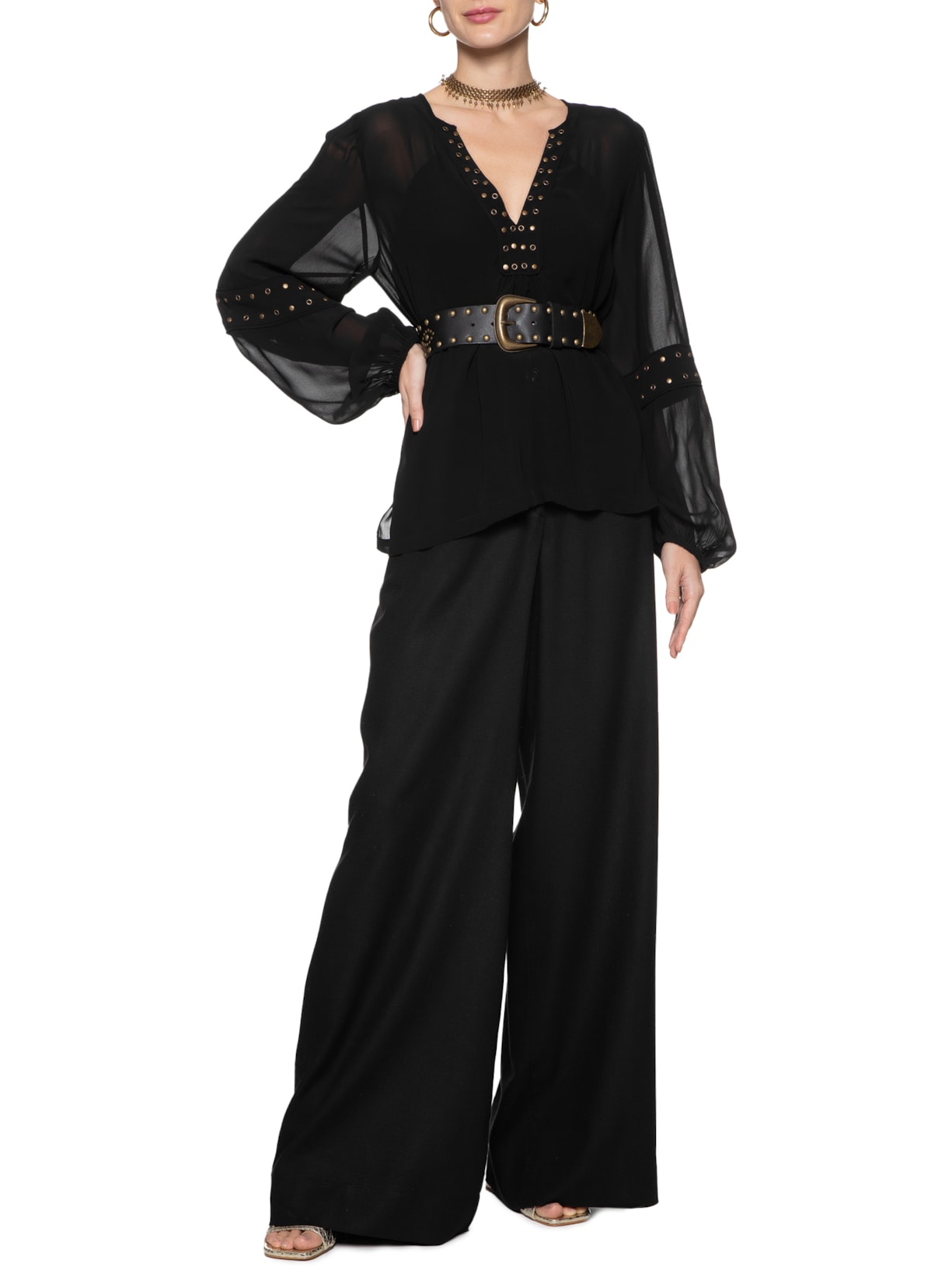 Calça Feminina Pantalona Com Pregas Preto Maria Filó