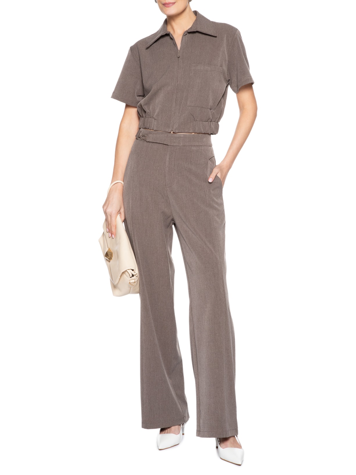 Calça Feminina Pantalona com Recorte e cinto Cinza '2Essential