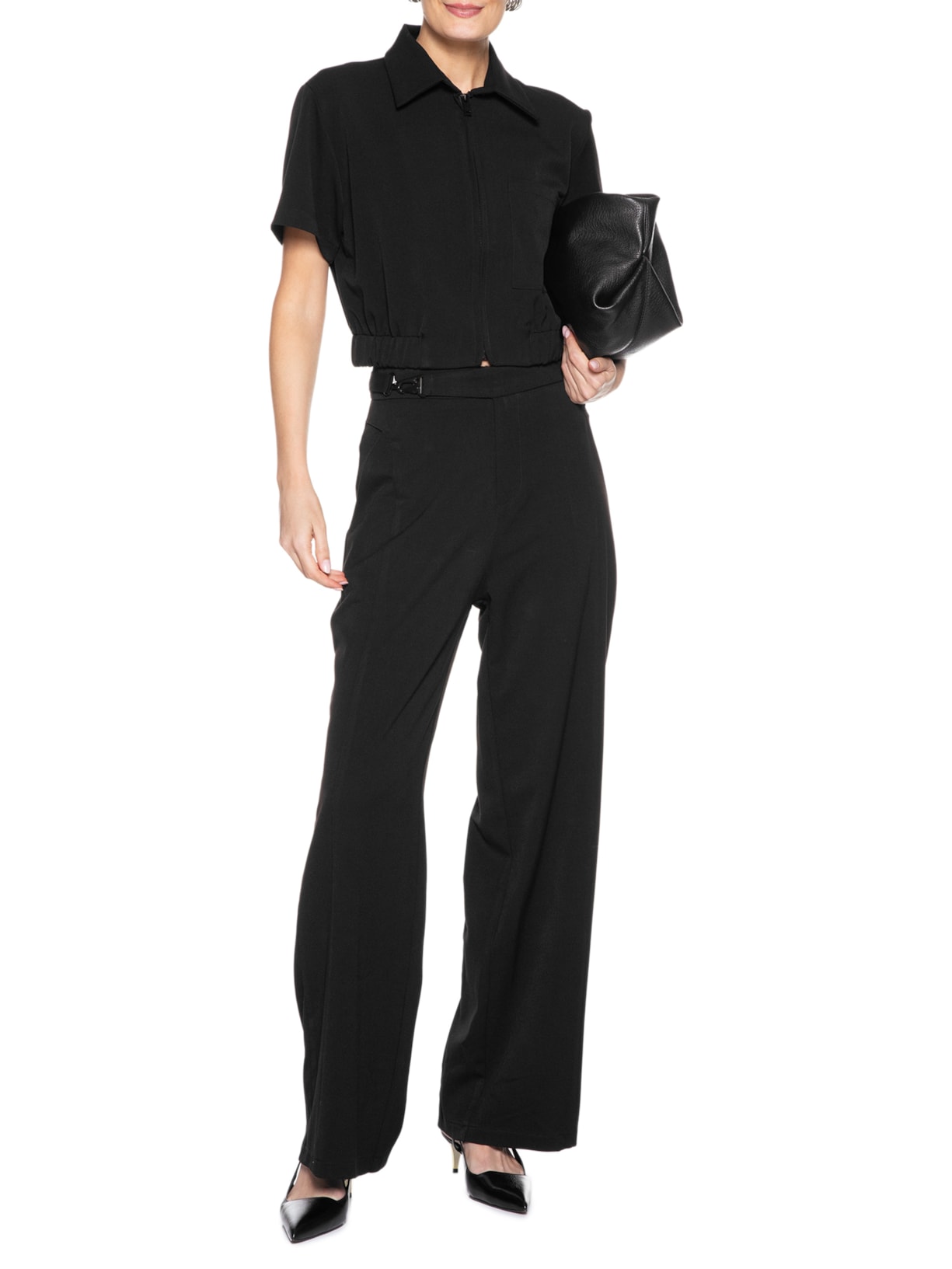 Calça Feminina Pantalona com Recorte e cinto Preto '2Essential