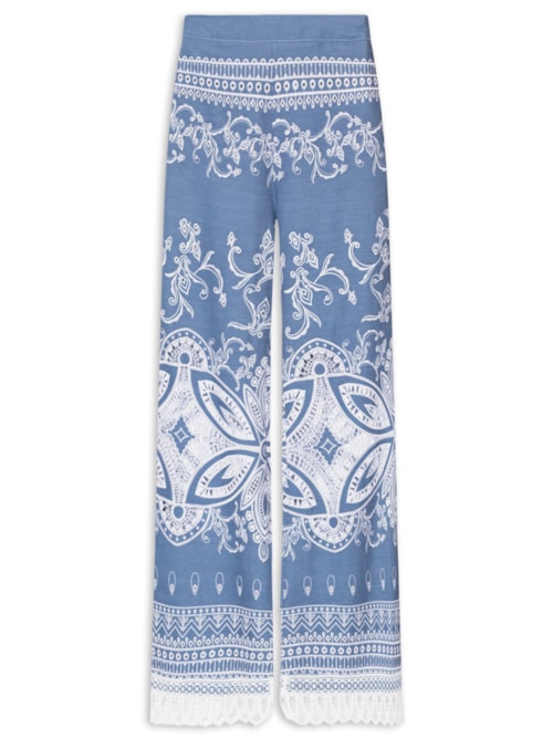 Calça Feminina Pantalona Denim Full Bordado Chambry Kashan - Azul