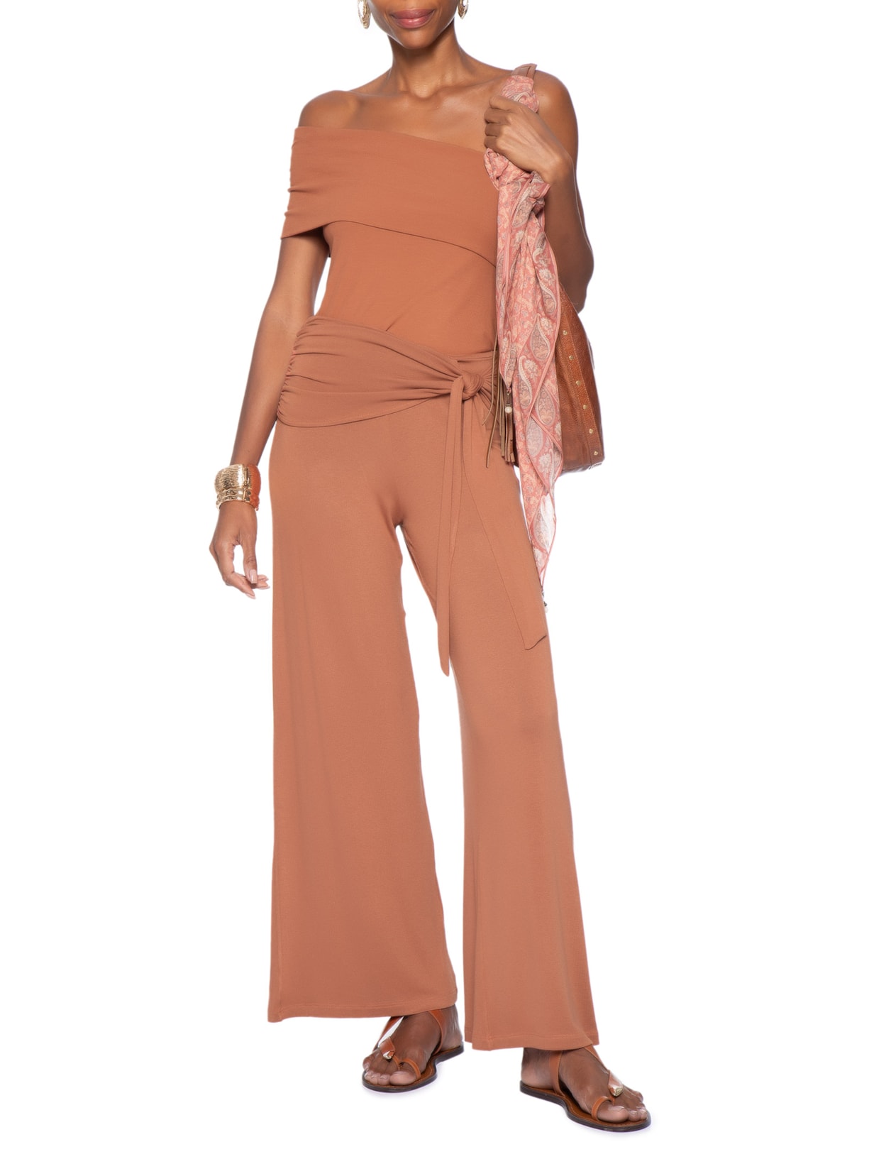 Calça Feminina Pantalona Detalhe Cós Marrom Maria Filó