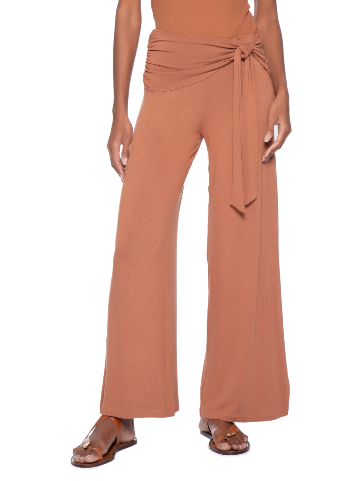 Calça Feminina Pantalona Detalhe Cós Marrom Maria Filó