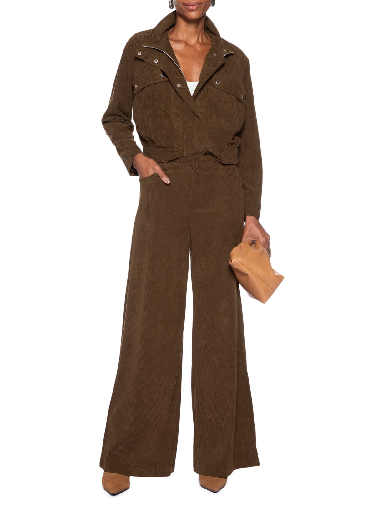Calça Feminina Pantalona Em Veludo Cotelê Marrom '2Essential