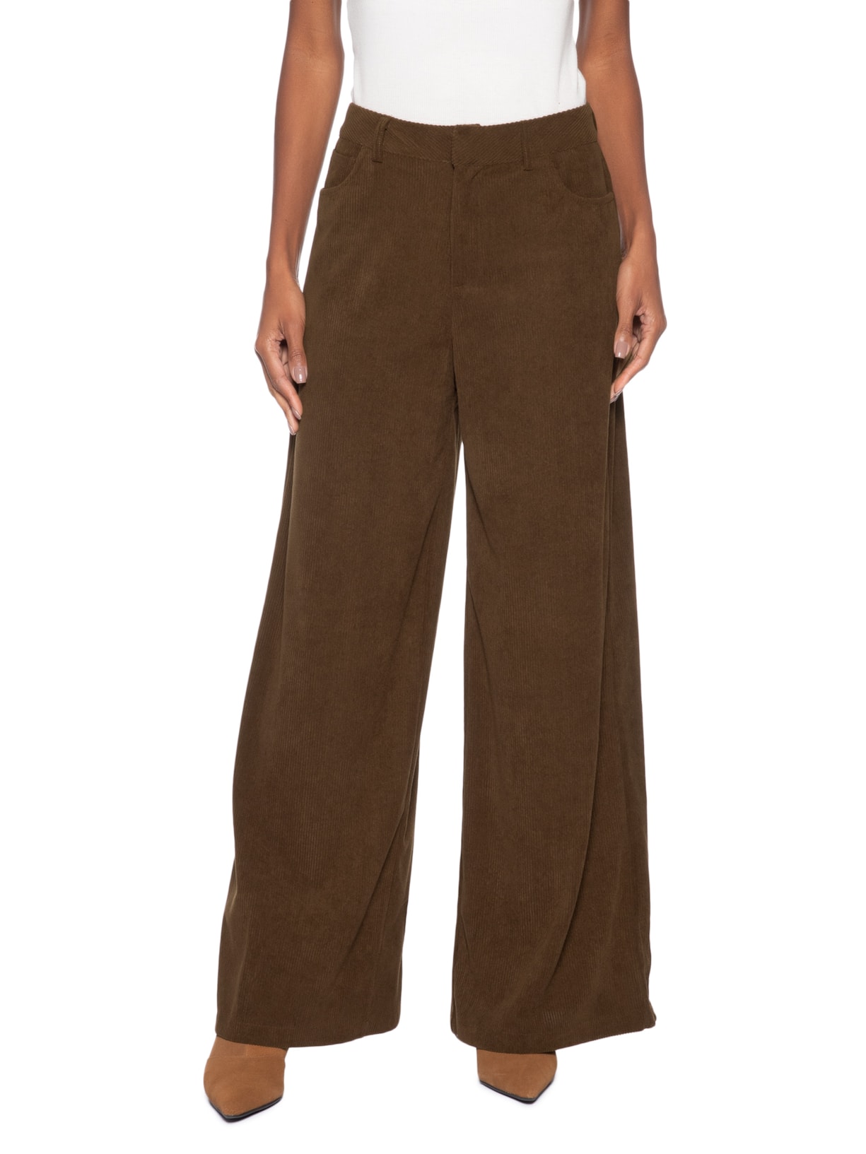 Calça Feminina Pantalona Em Veludo Cotelê Marrom '2Essential