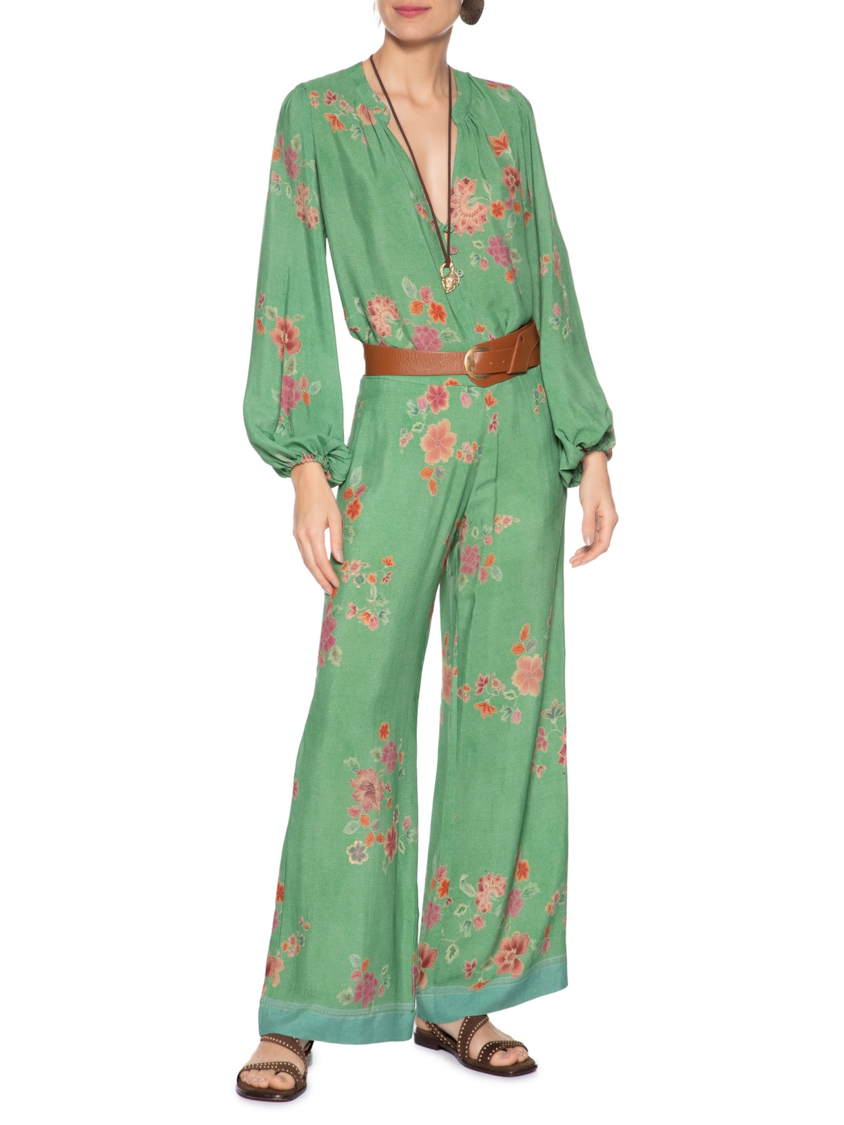 Calça Feminina Pantalona Estampa Bliss Verde Maria Filó