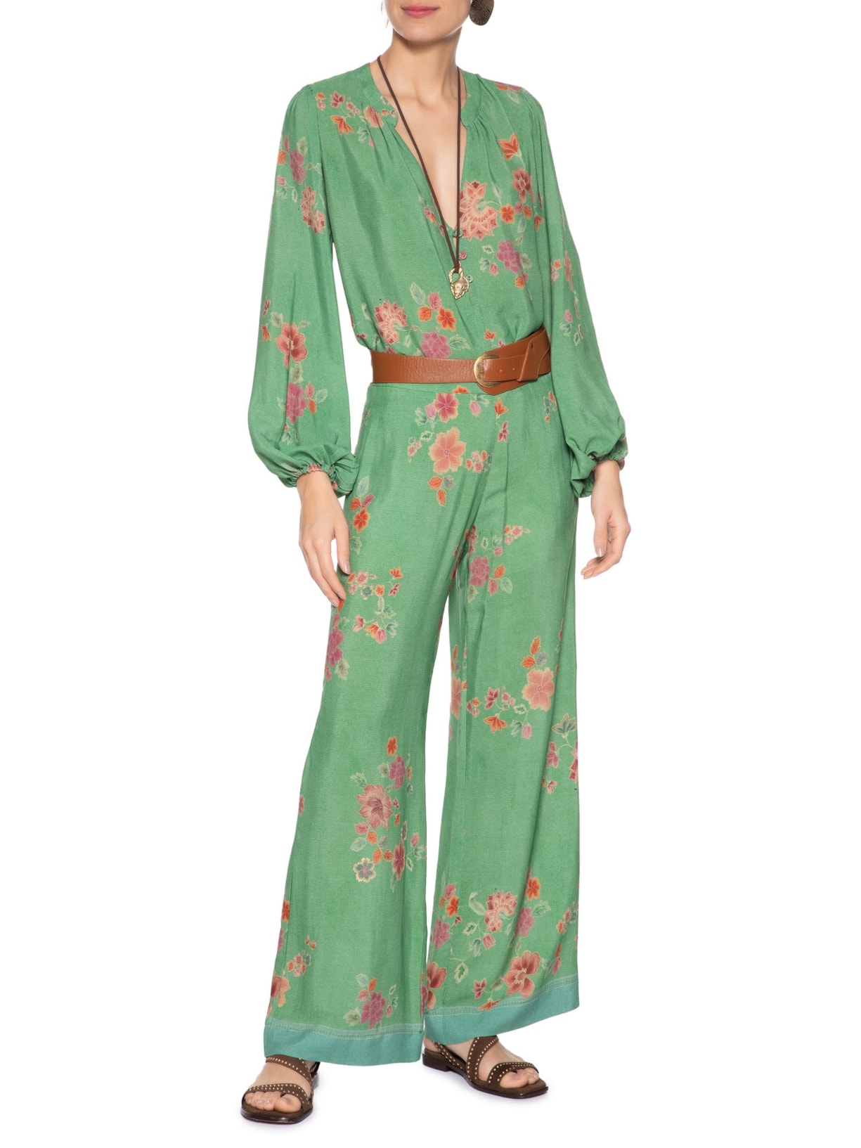 Calça Feminina Pantalona Estampa Bliss Verde Maria Filó