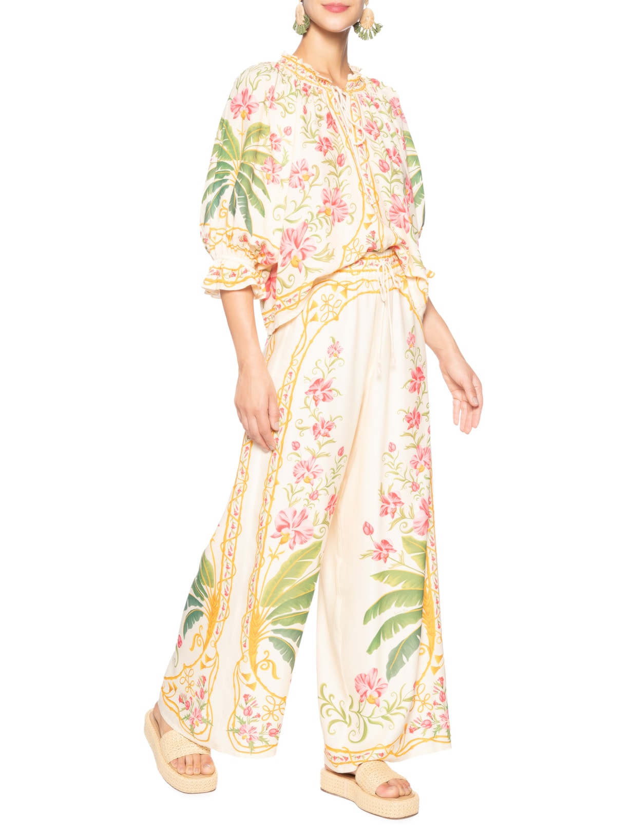 Calça Feminina Pantalona Floral Nusa Off White Farm