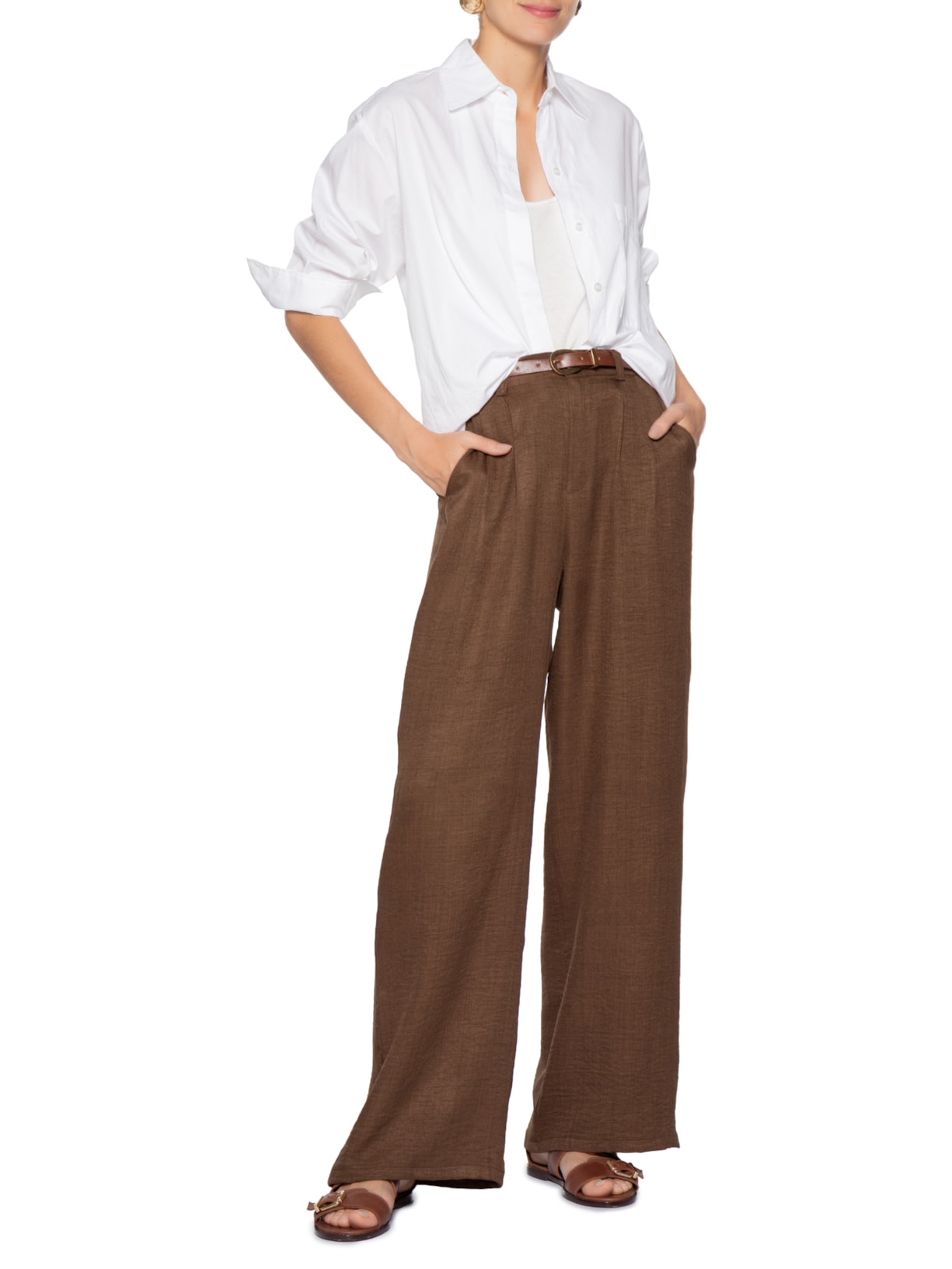 Calça Feminina Pantalona Larga Marrom Basiq