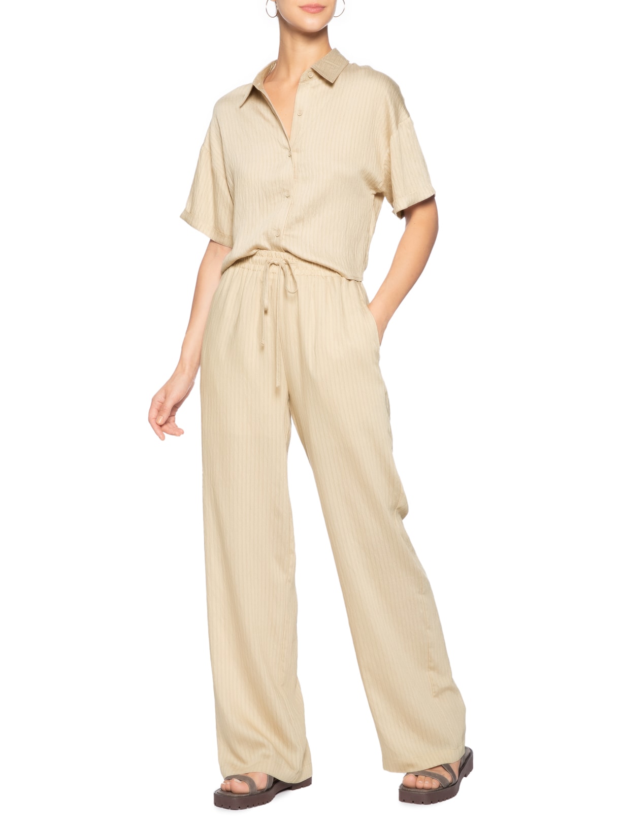 Calça Feminina Pantalona Leve Bege Basiq