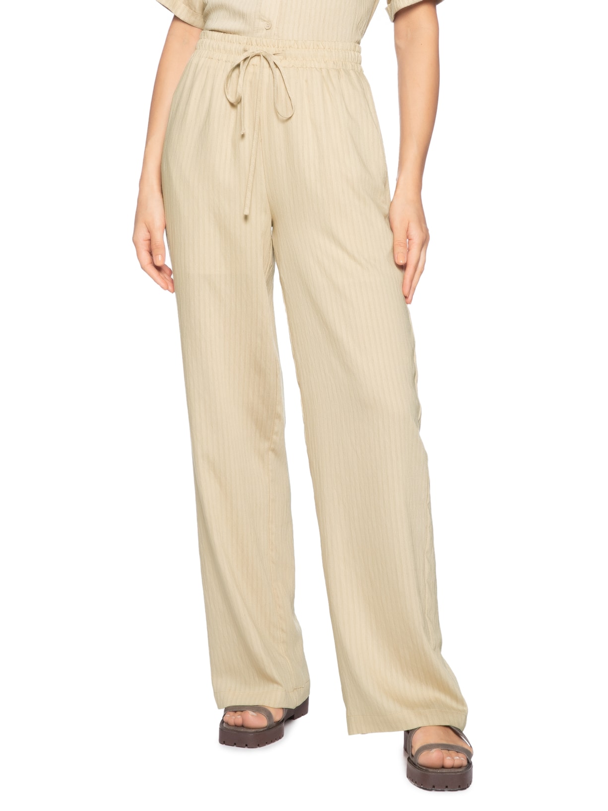 Calça Feminina Pantalona Leve Bege Basiq