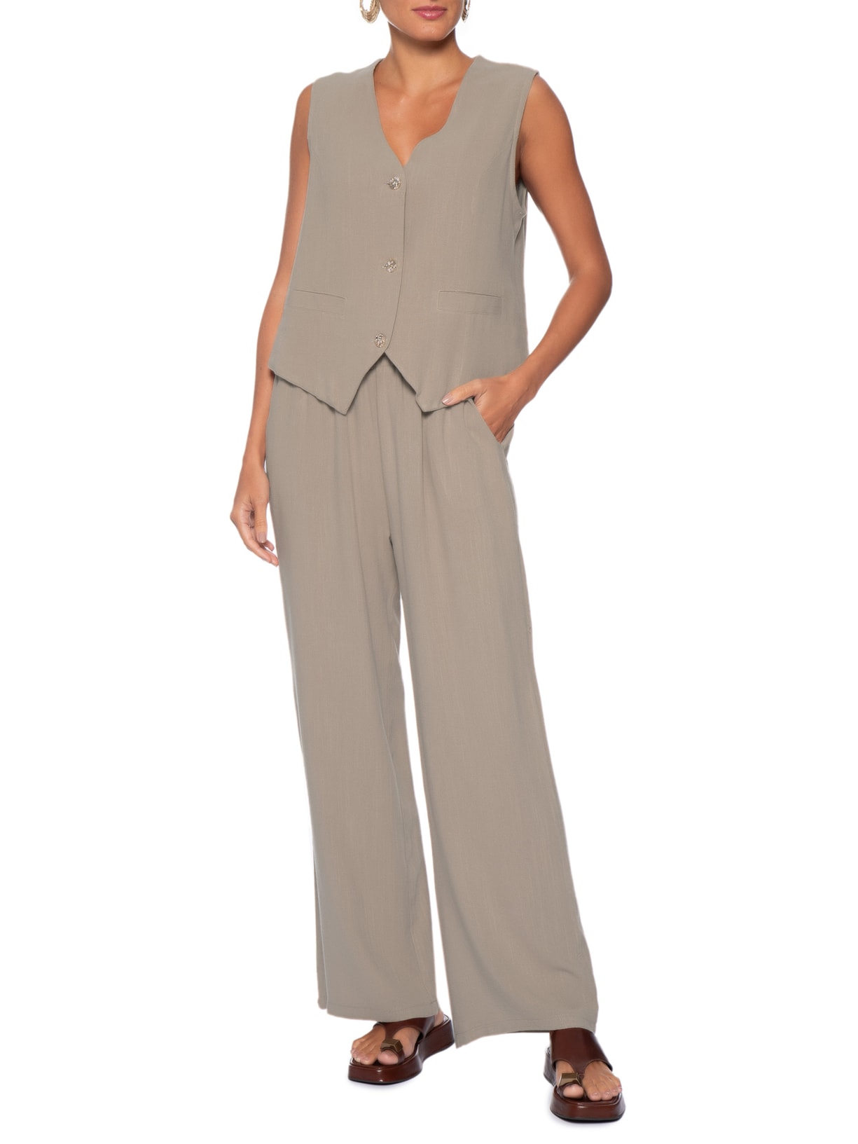 Calça Feminina Pantalona Linho Com Cordão Bege Basiq