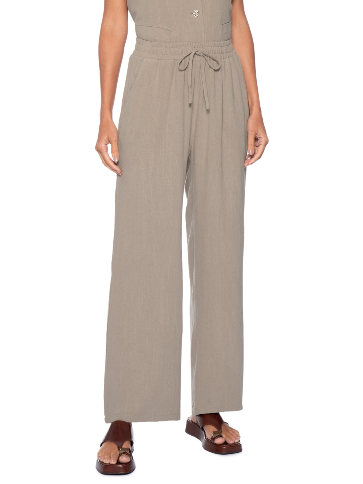 Calça Feminina Pantalona Linho Com Cordão Bege Basiq