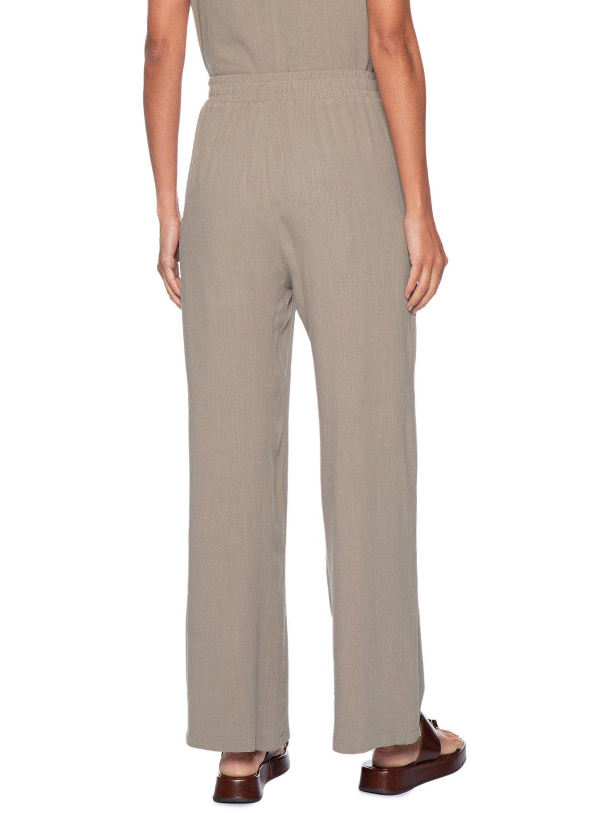 Calça Feminina Pantalona Linho Com Cordão Bege Basiq