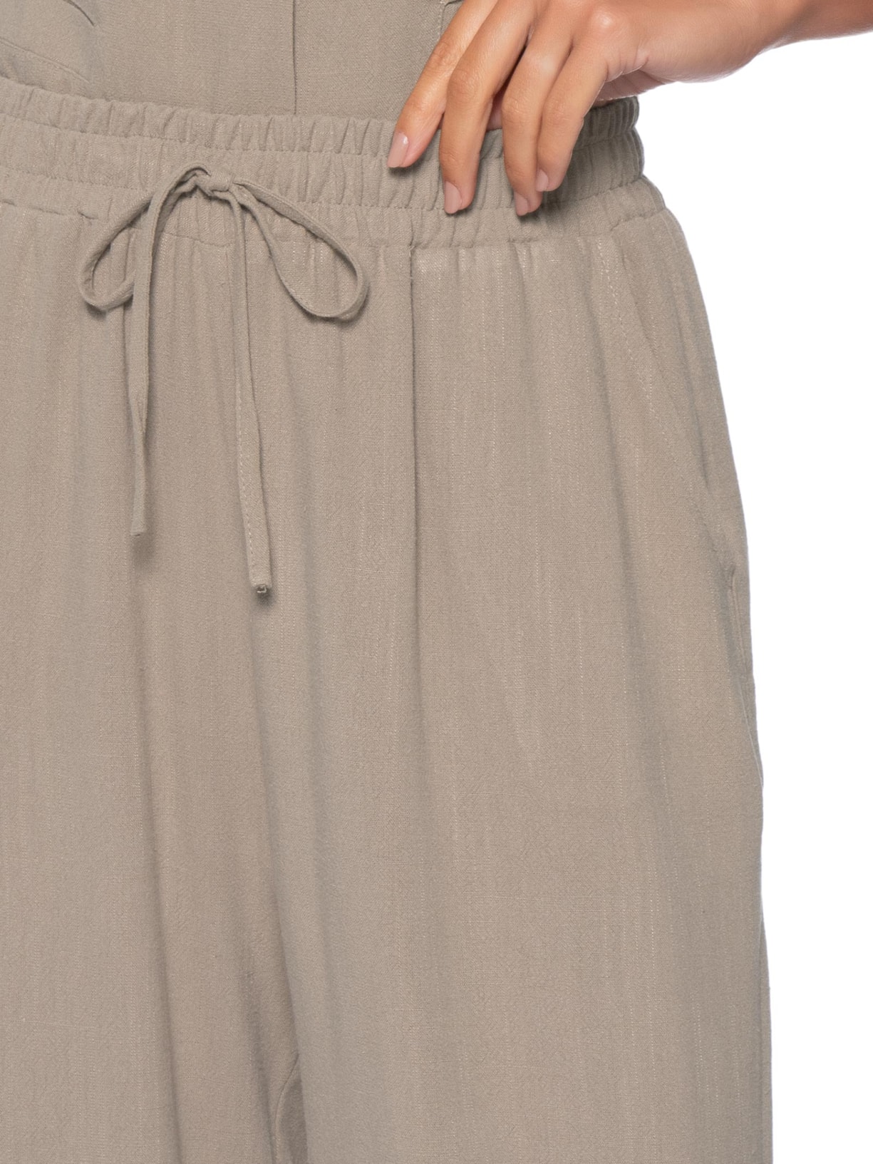 Calça Feminina Pantalona Linho Com Cordão Bege Basiq