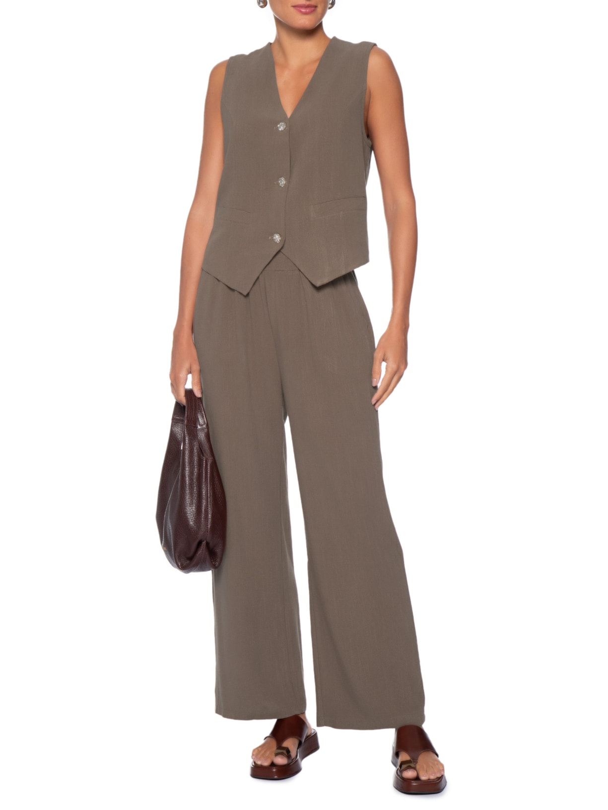 Calça Feminina Pantalona Linho Com Cordão Marrom Basiq