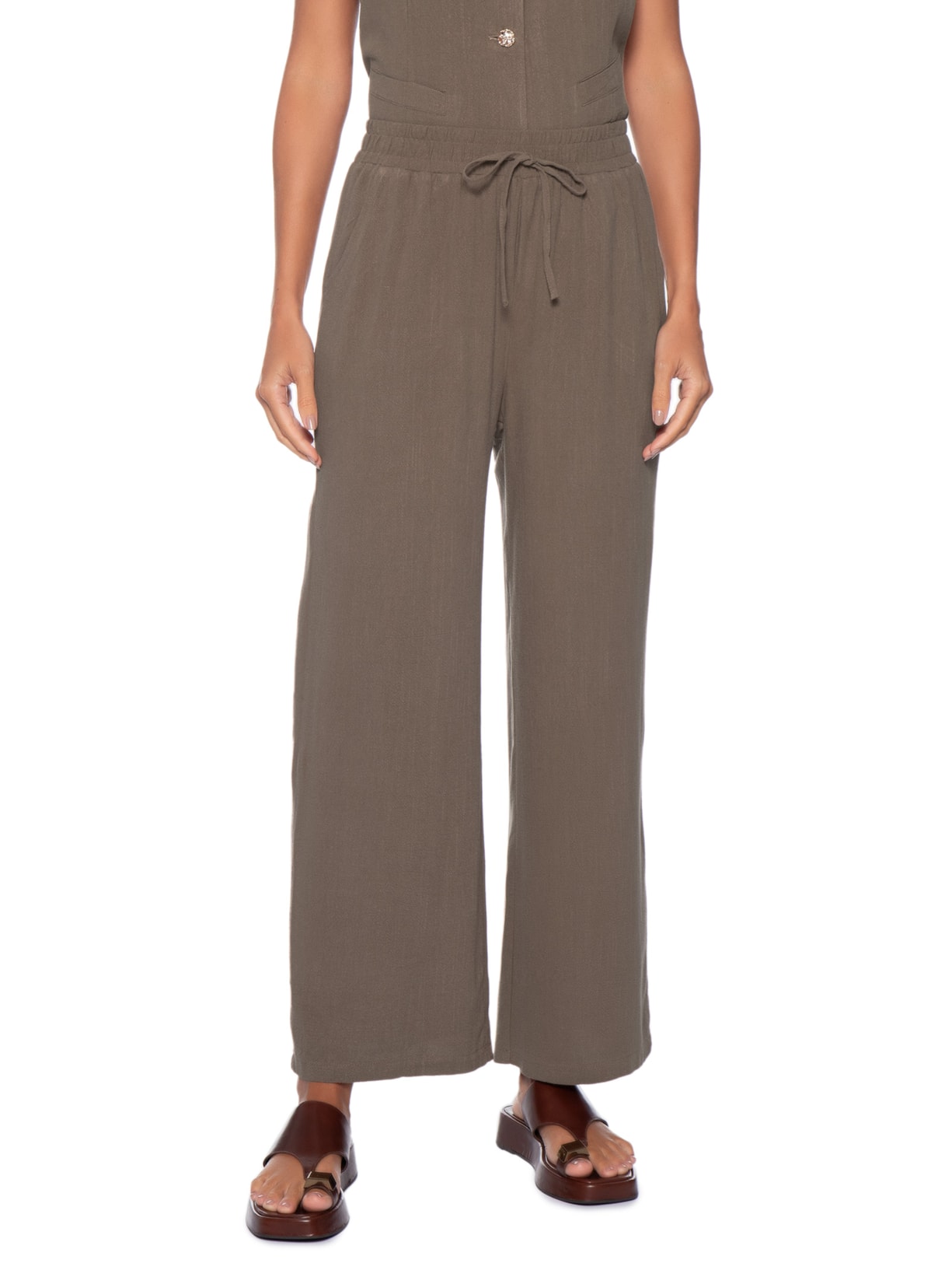 Calça Feminina Pantalona Linho Com Cordão Marrom Basiq