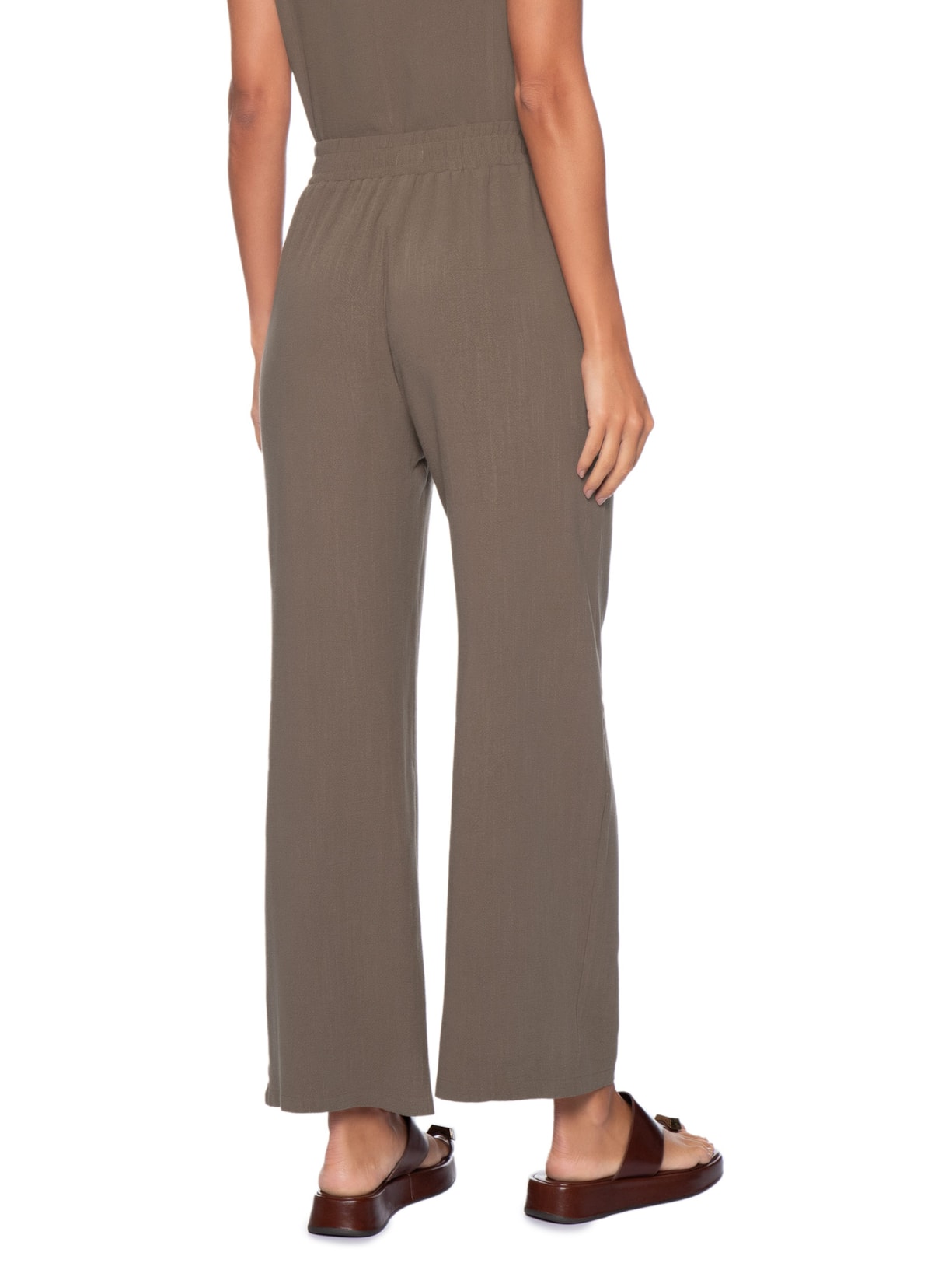 Calça Feminina Pantalona Linho Com Cordão Marrom Basiq