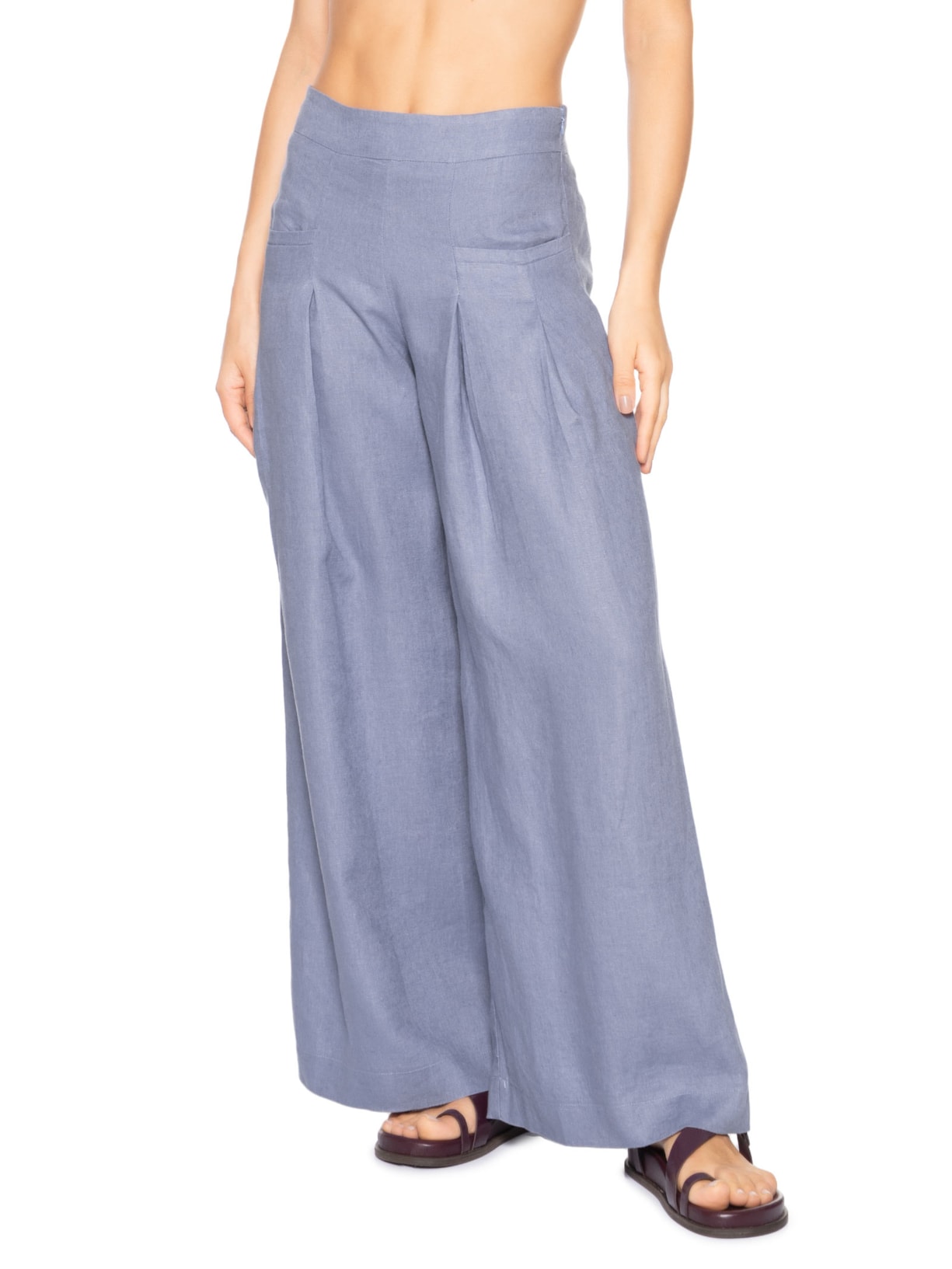 Calça Feminina Pantalona Linho Pregas Roxo Maria Filó