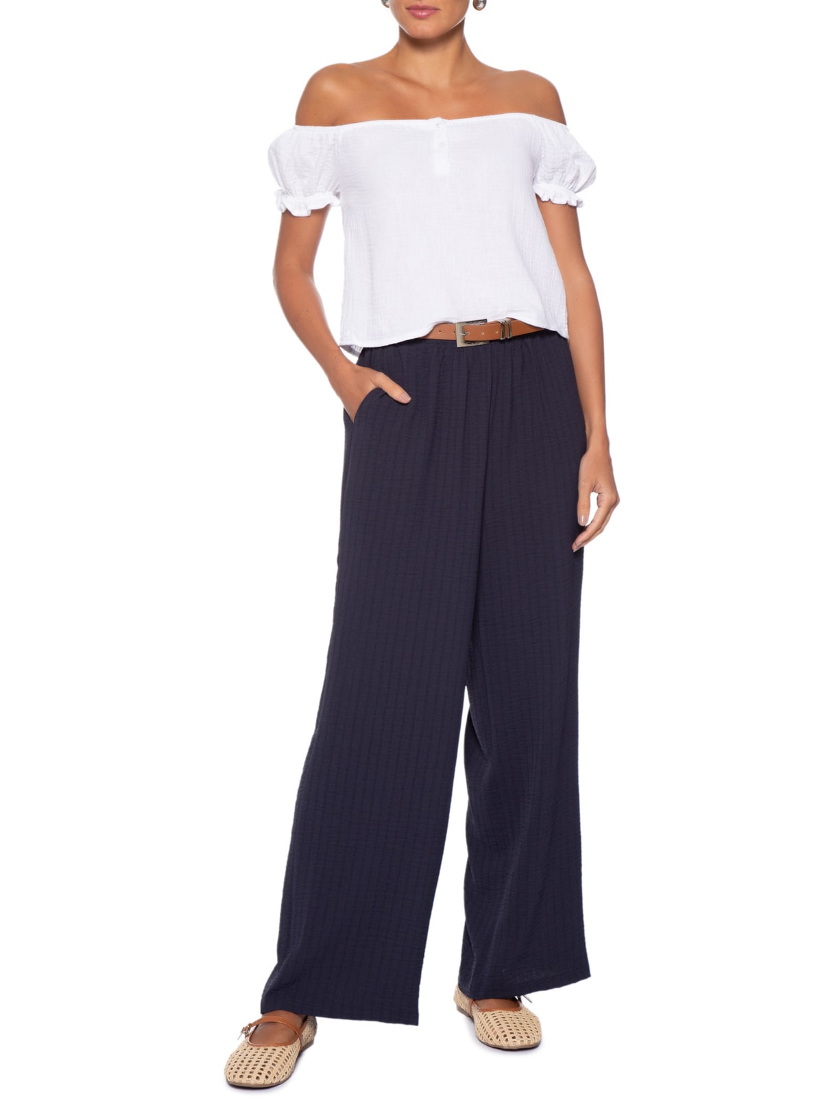 Calça Feminina Pantalona Listras Azul Basiq