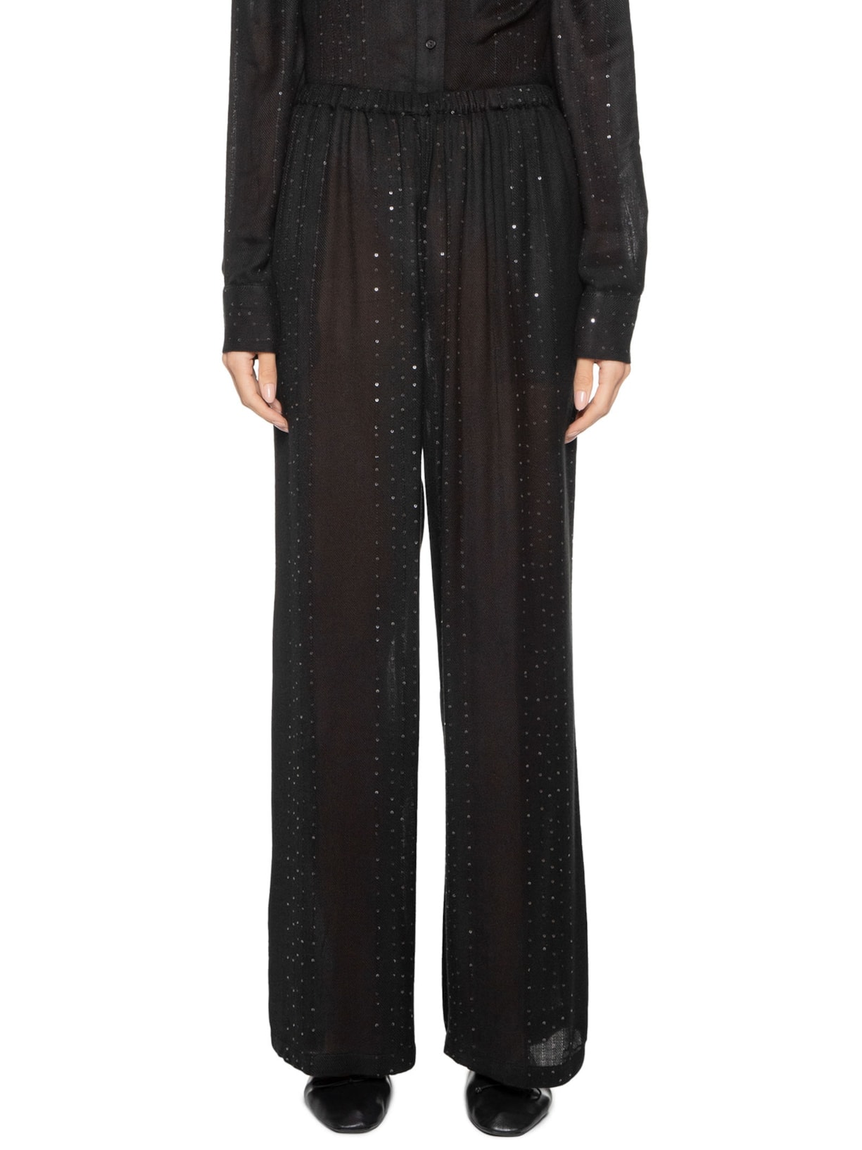 Calça Feminina Pantalona Listras Paetê Preto Animale Jeans