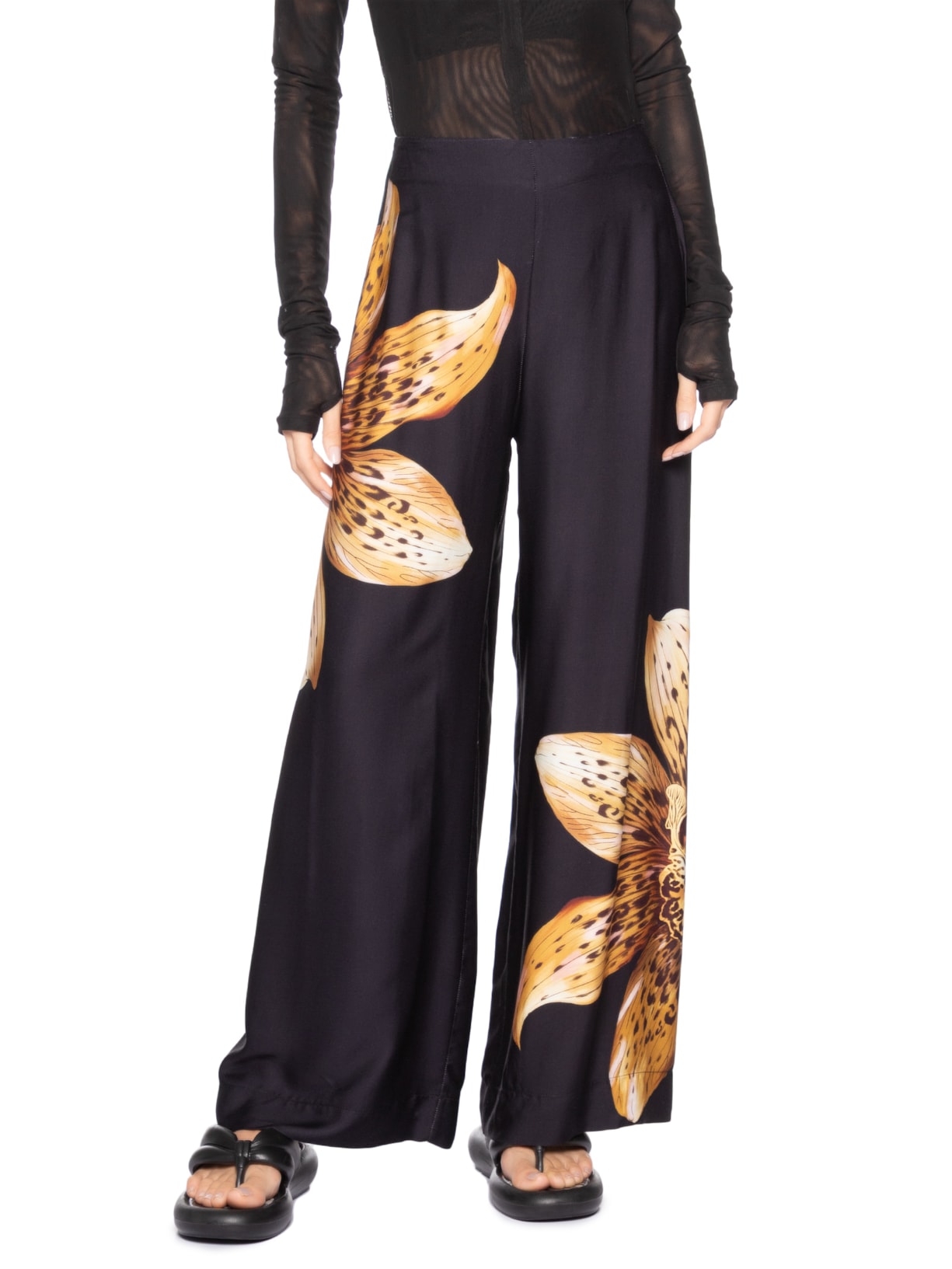 Calça Feminina Pantalona Orquídea Onça Preto Farm
