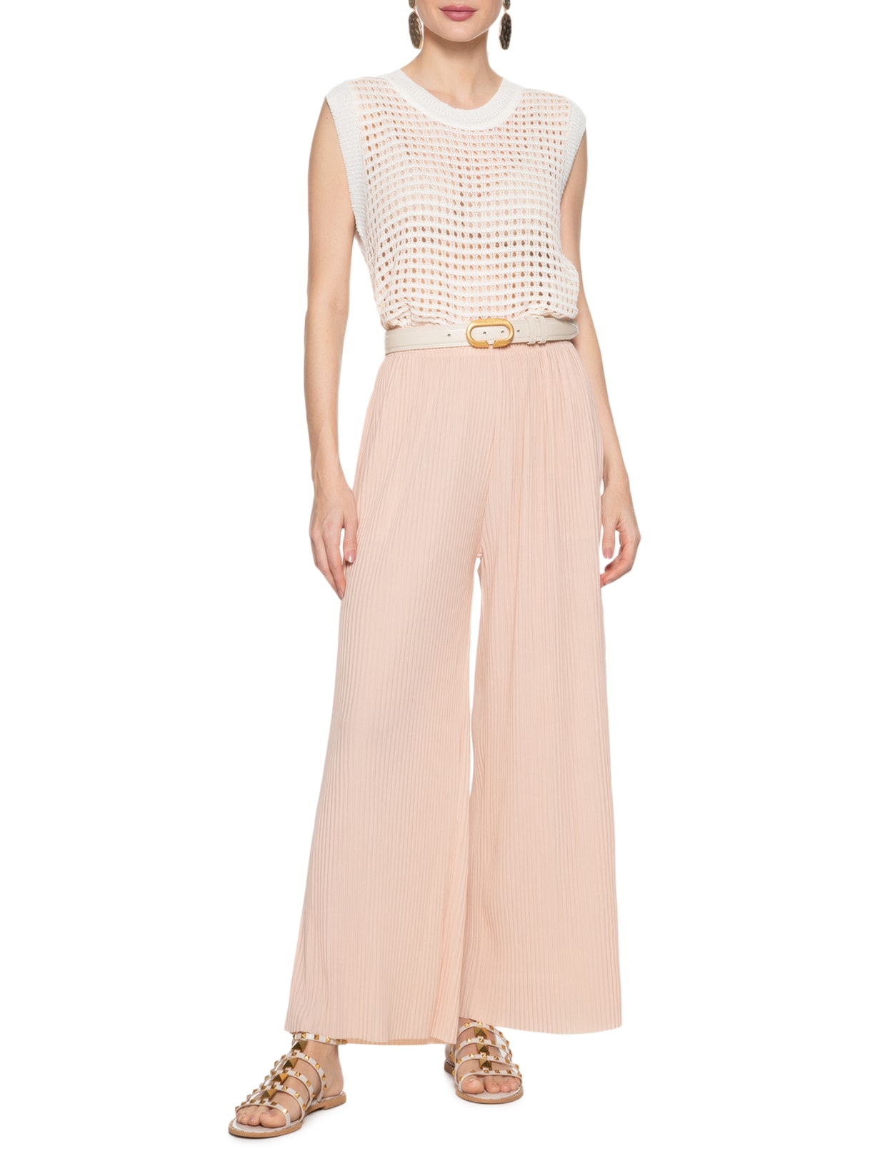 Calça Feminina Pantalona Plissada Bege Market 33