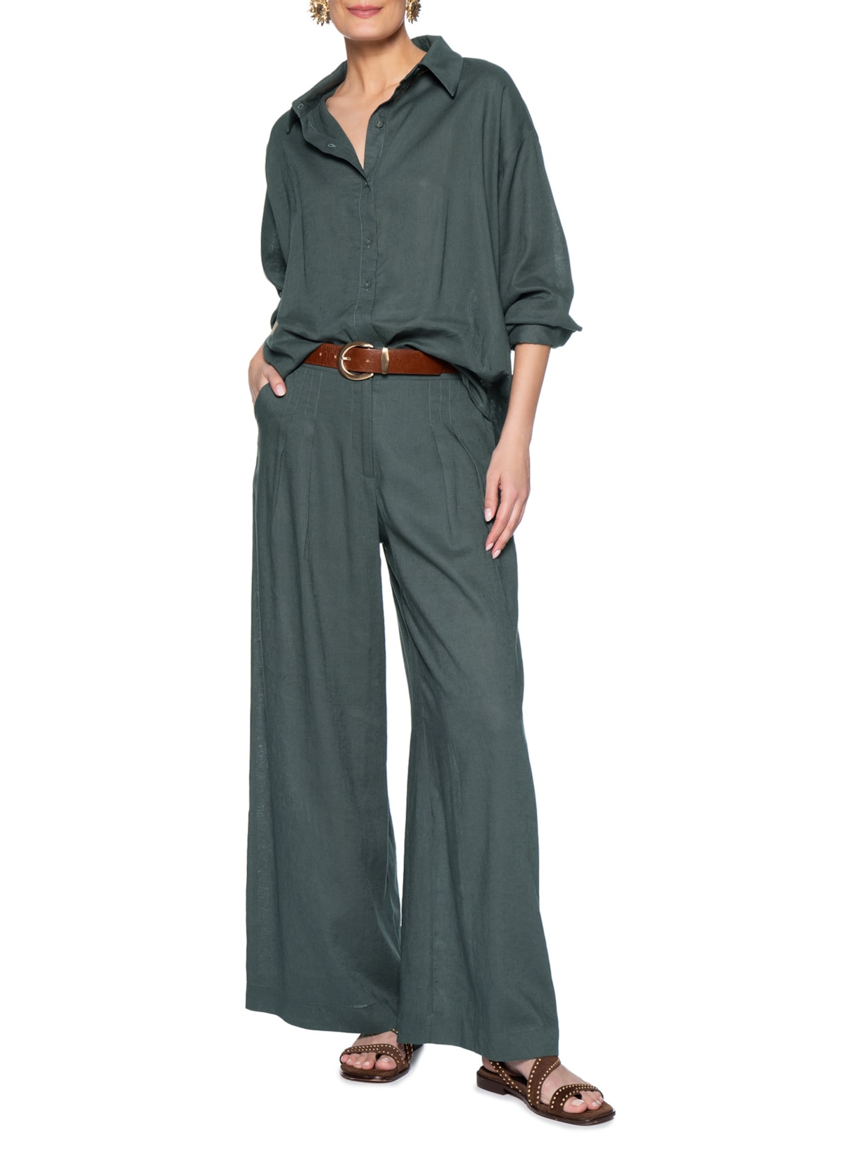 Calça Feminina Pantalona Prega Alfaiataria Cinza Maria Filó