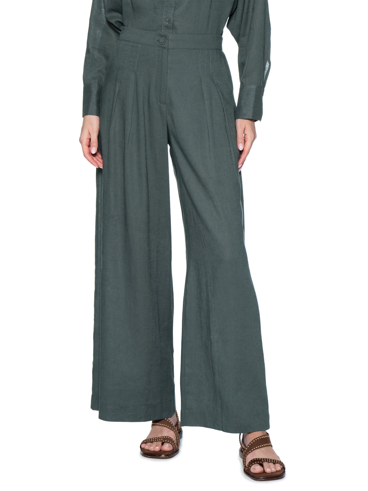 Calça Feminina Pantalona Prega Alfaiataria Cinza Maria Filó