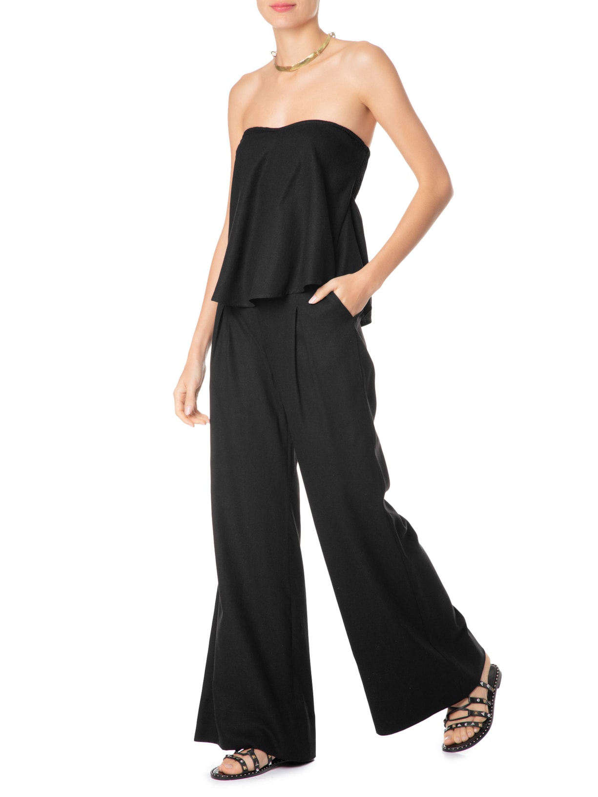 Calça Feminina Pantalona Pregas Preto Maria Filó