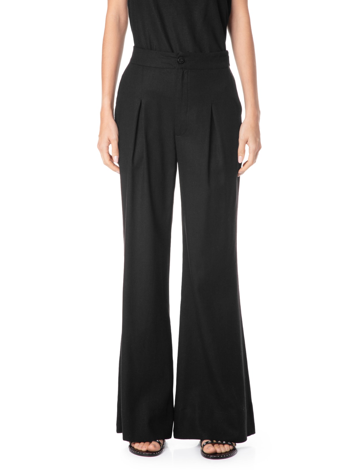 Calça Feminina Pantalona Pregas Preto Maria Filó